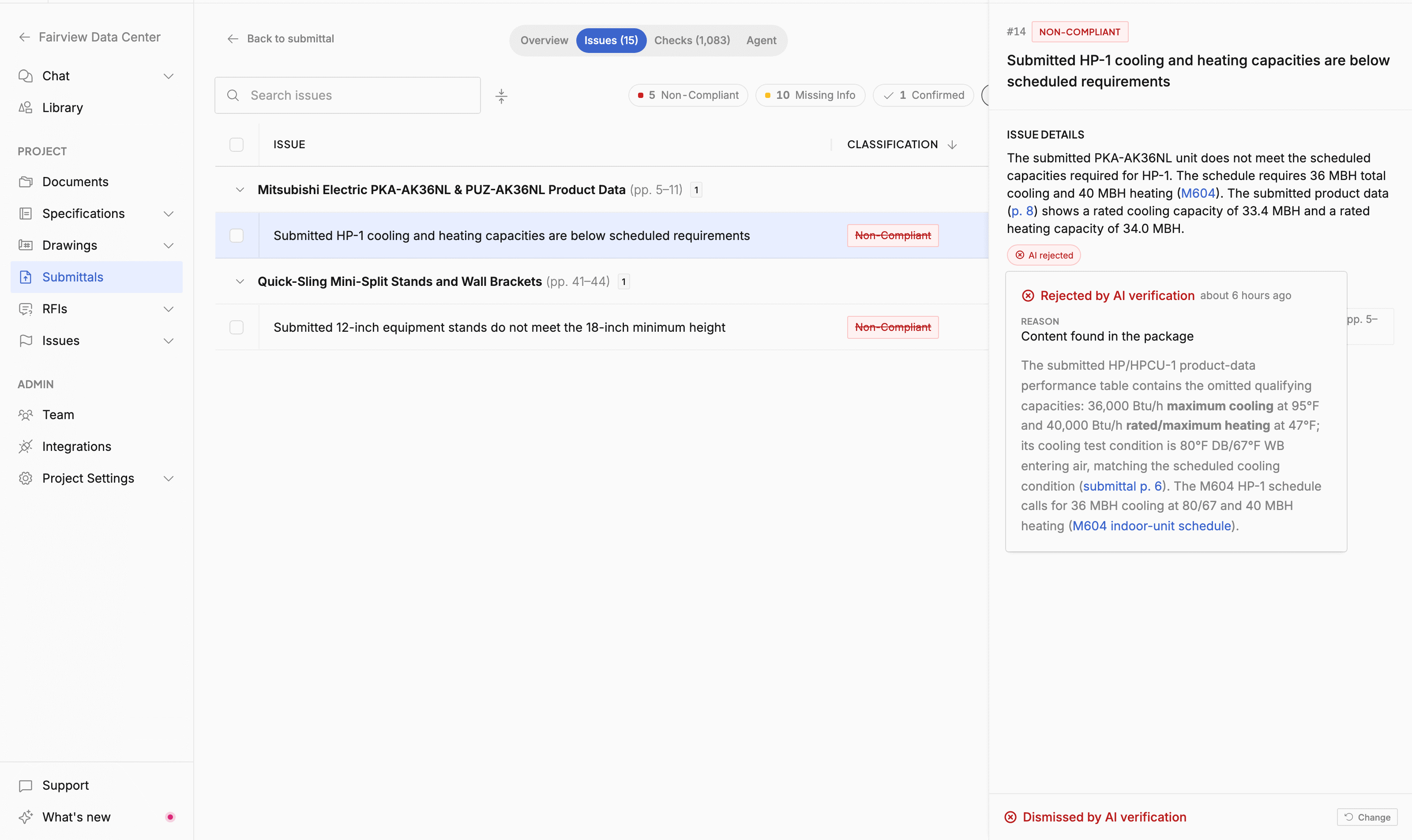 AI-verified submittal review issues
