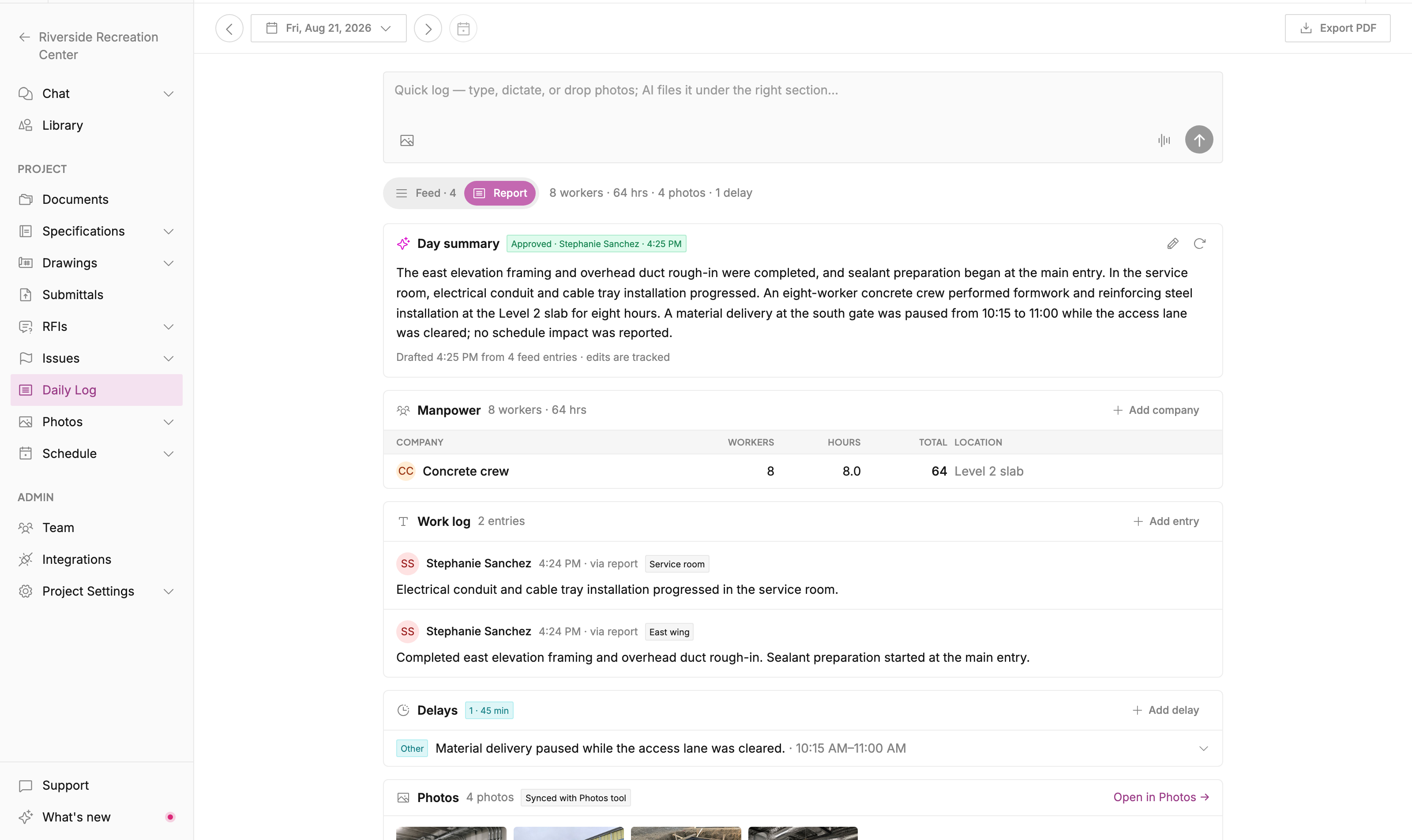 Daily Log report organized into summary, manpower, work log, delays, and photos sections