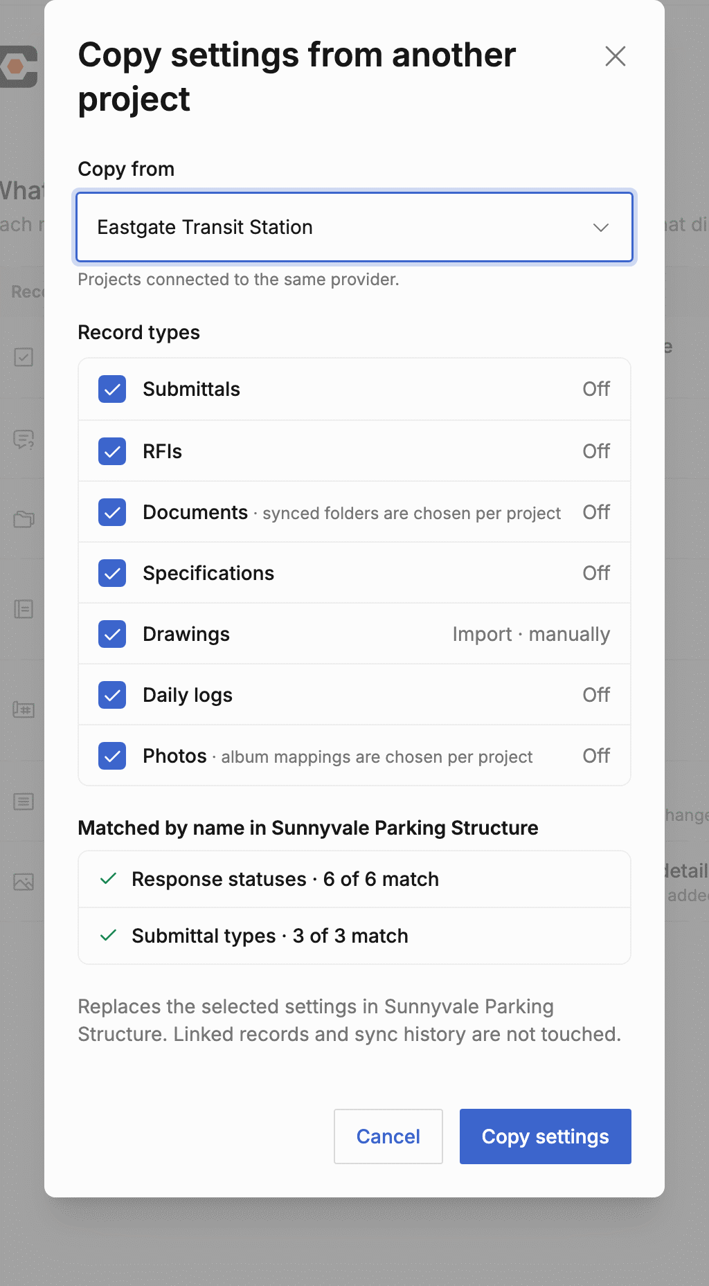 The Copy settings from another project dialog with the record types to copy