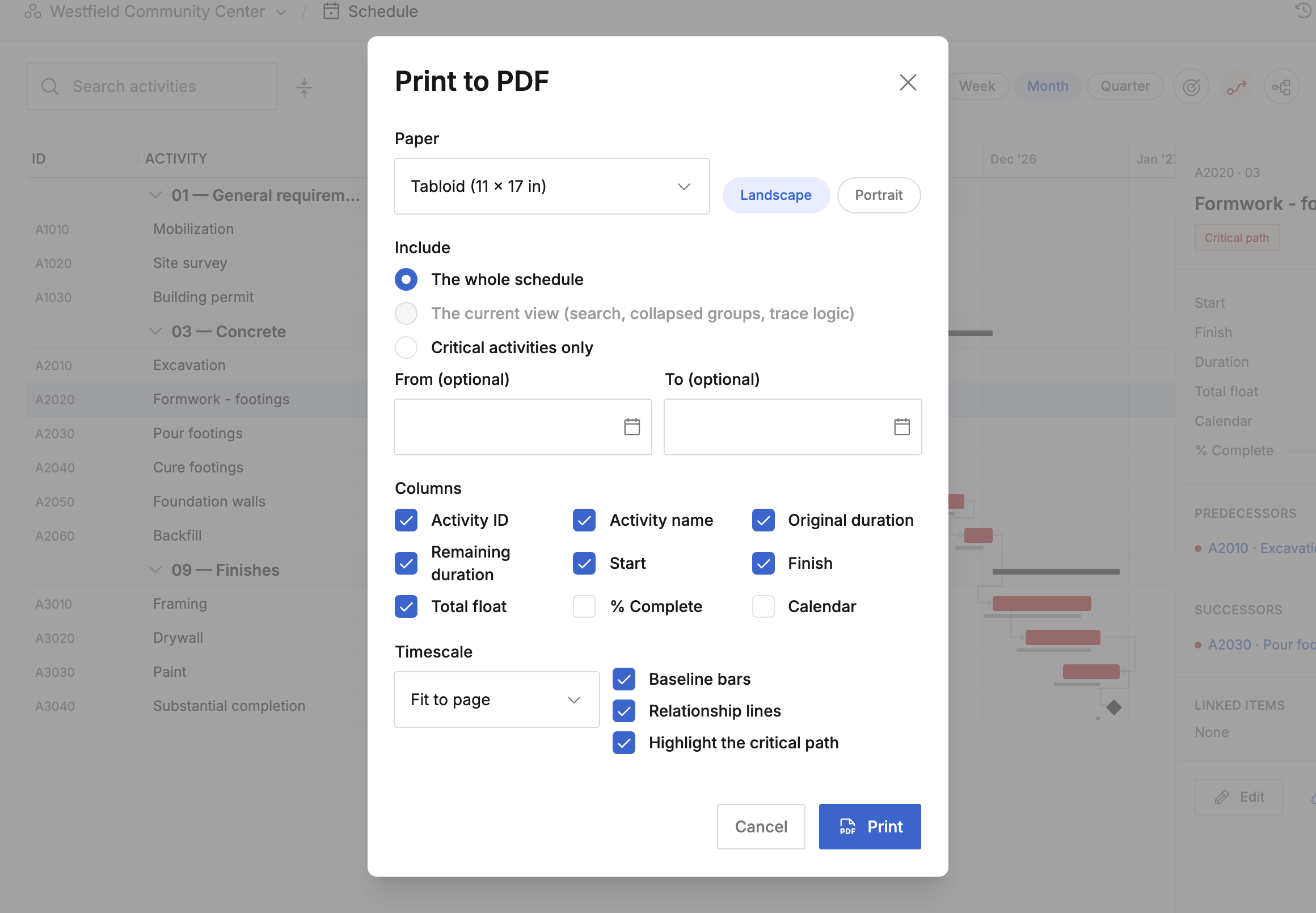 The Print to PDF dialog with paper, include, column, and timescale options