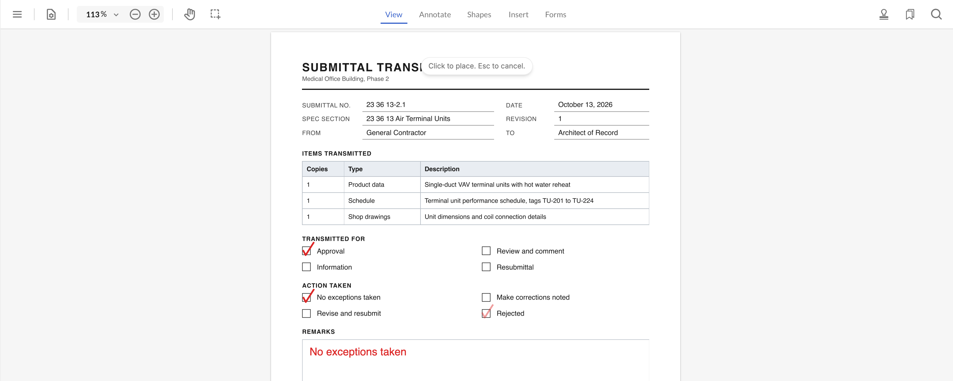 A saved check mark following the cursor to the Rejected box on a submittal transmittal, with the hint Click to place. Esc to cancel.