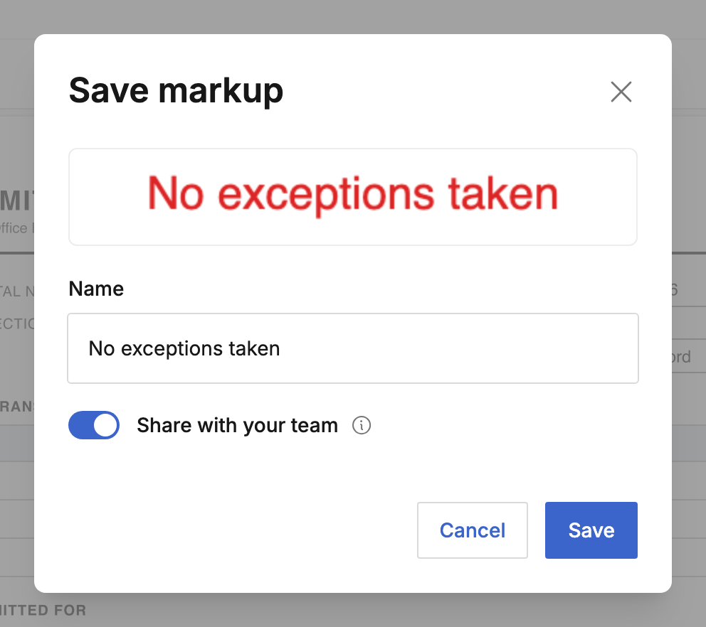 The Save markup dialog with a preview of the note, its name, and Share with your team turned on
