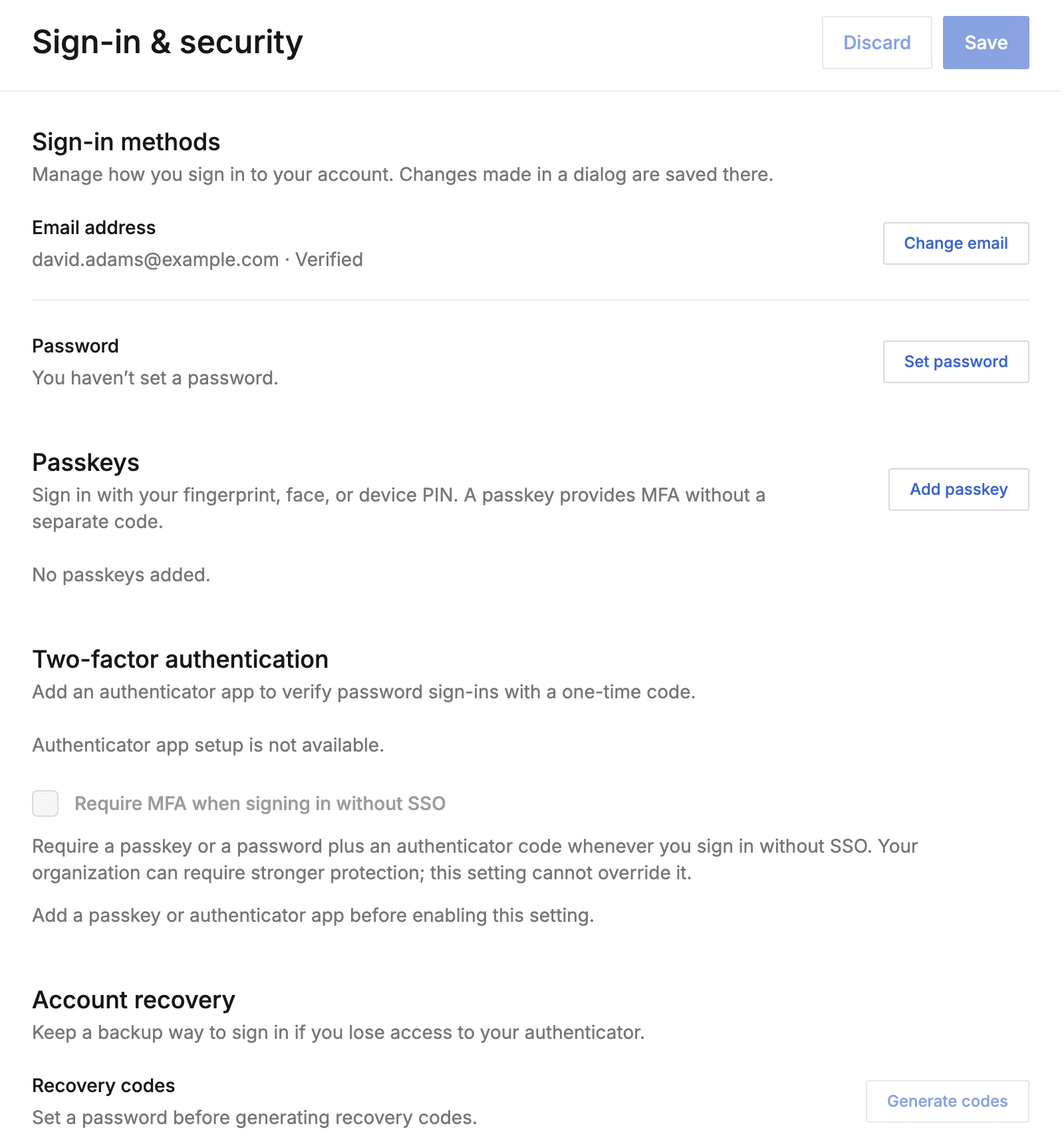 Sign-in & security settings with password, passkey, two-factor authentication, and recovery sections