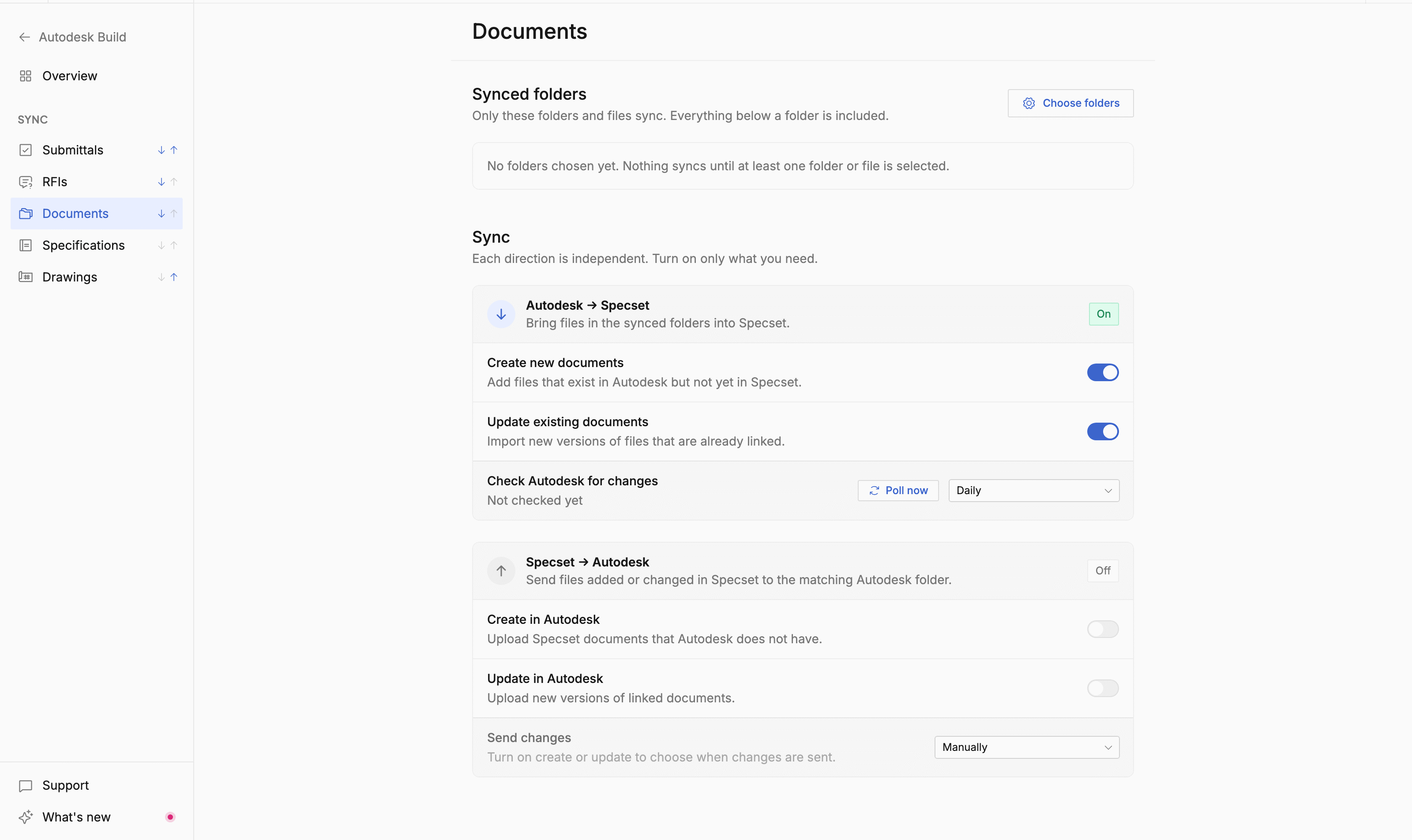 Autodesk Build document settings with the synced folders list and import and publish cards