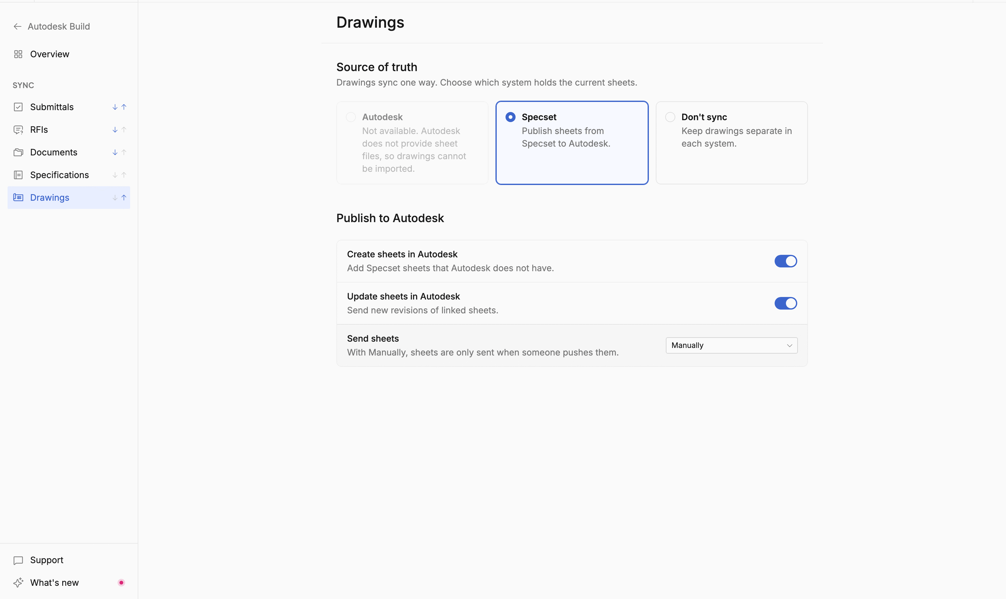 Autodesk Build drawing settings with Specset chosen as the source of truth and the publish card