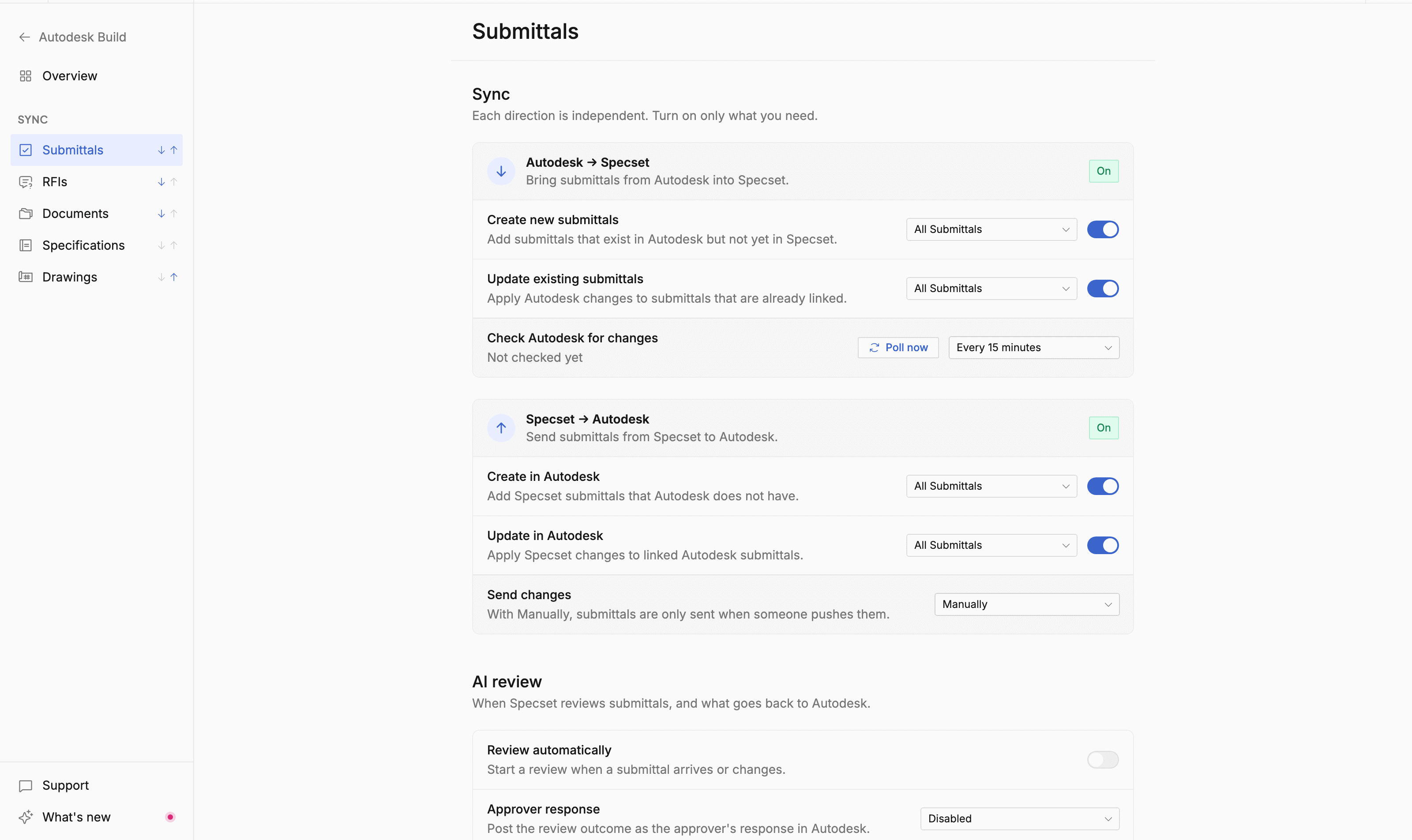 Autodesk Build submittal settings with the Autodesk to Specset and Specset to Autodesk cards and the AI review options
