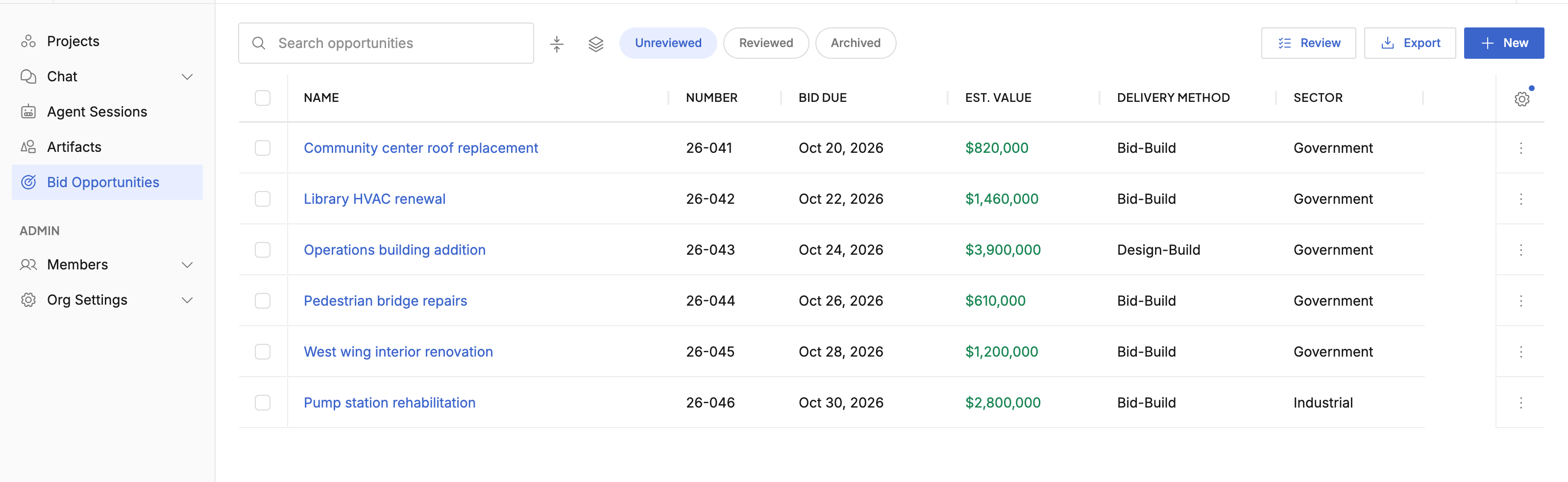 Bid opportunities with due dates, estimated values, and review controls