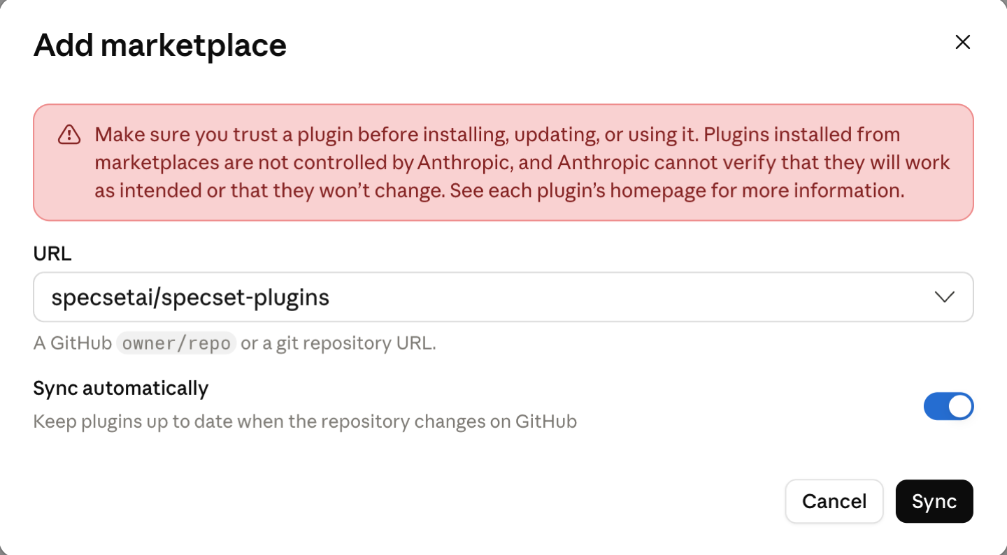 Add marketplace dialog with the specsetai/specset-plugins repository entered and automatic sync enabled