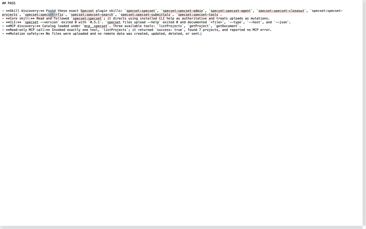 Fresh Codex plugin smoke test passing skill discovery, CLI upload support, MCP discovery, and a read-only MCP call