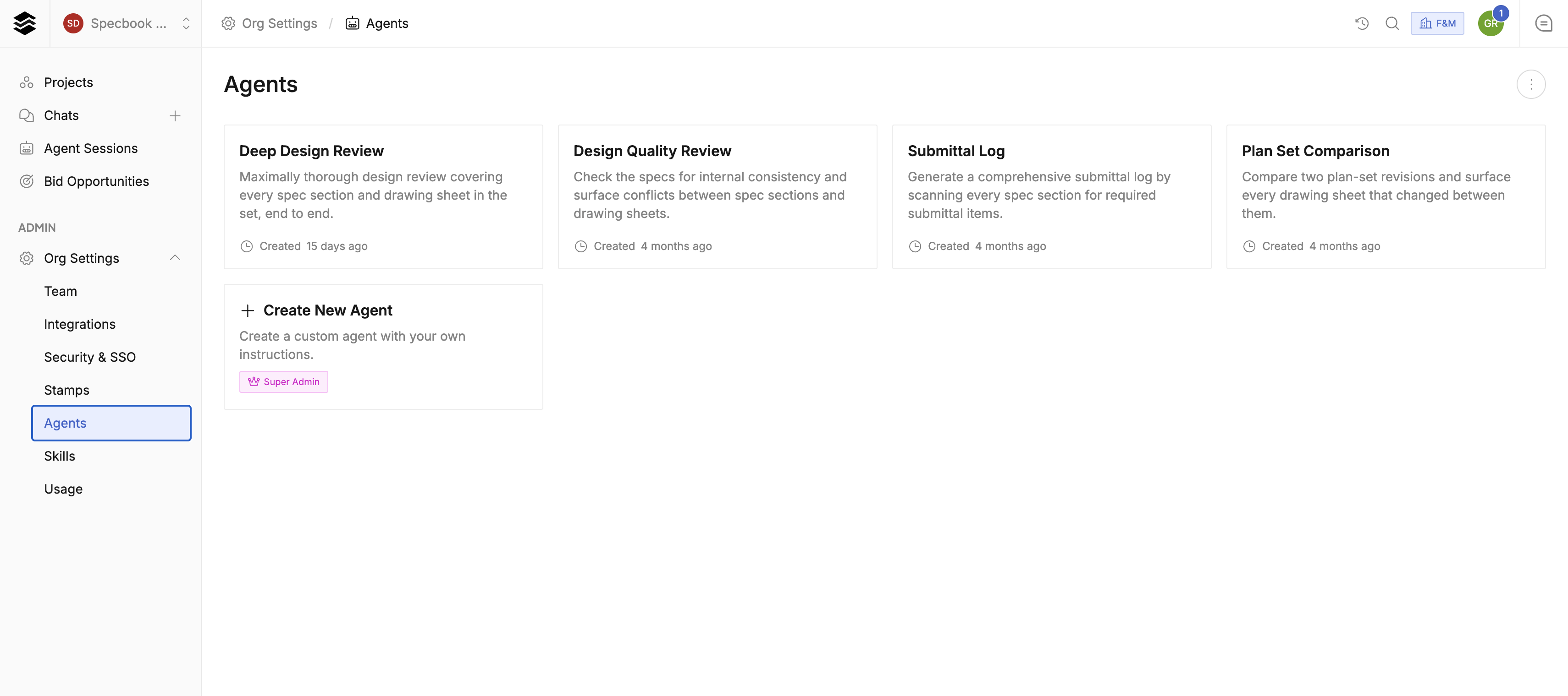 Org Settings → Agents with built-in agents and Create New Agent