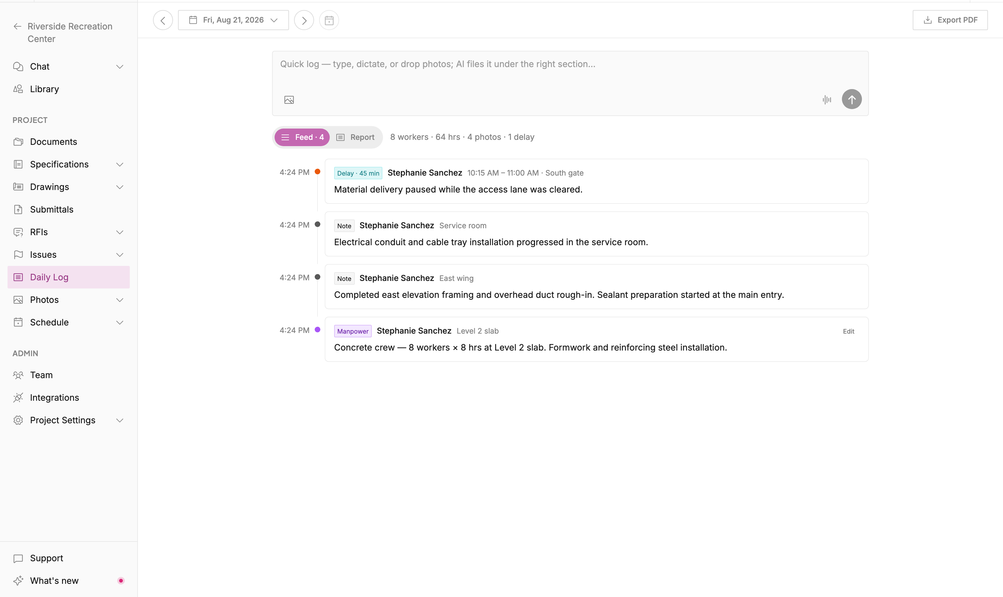 Daily Log feed with quick entry, day totals, manpower, work notes, a delay, and linked progress photos