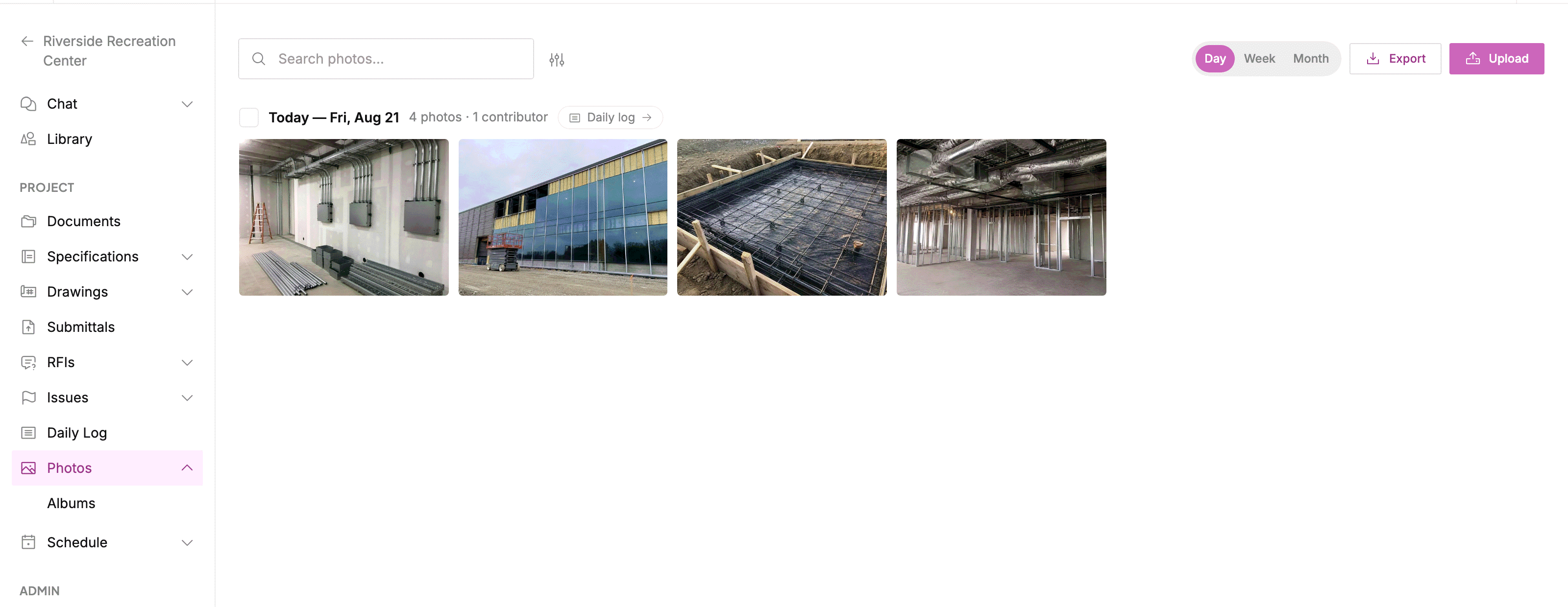 Project Photos timeline grouped by day with progress photo thumbnails, search, filters, and upload controls