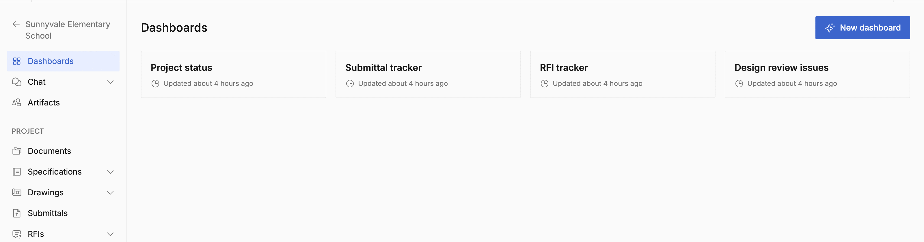 A project's Dashboards section listing the Project status, Submittal tracker, RFI tracker and Design review issues dashboards