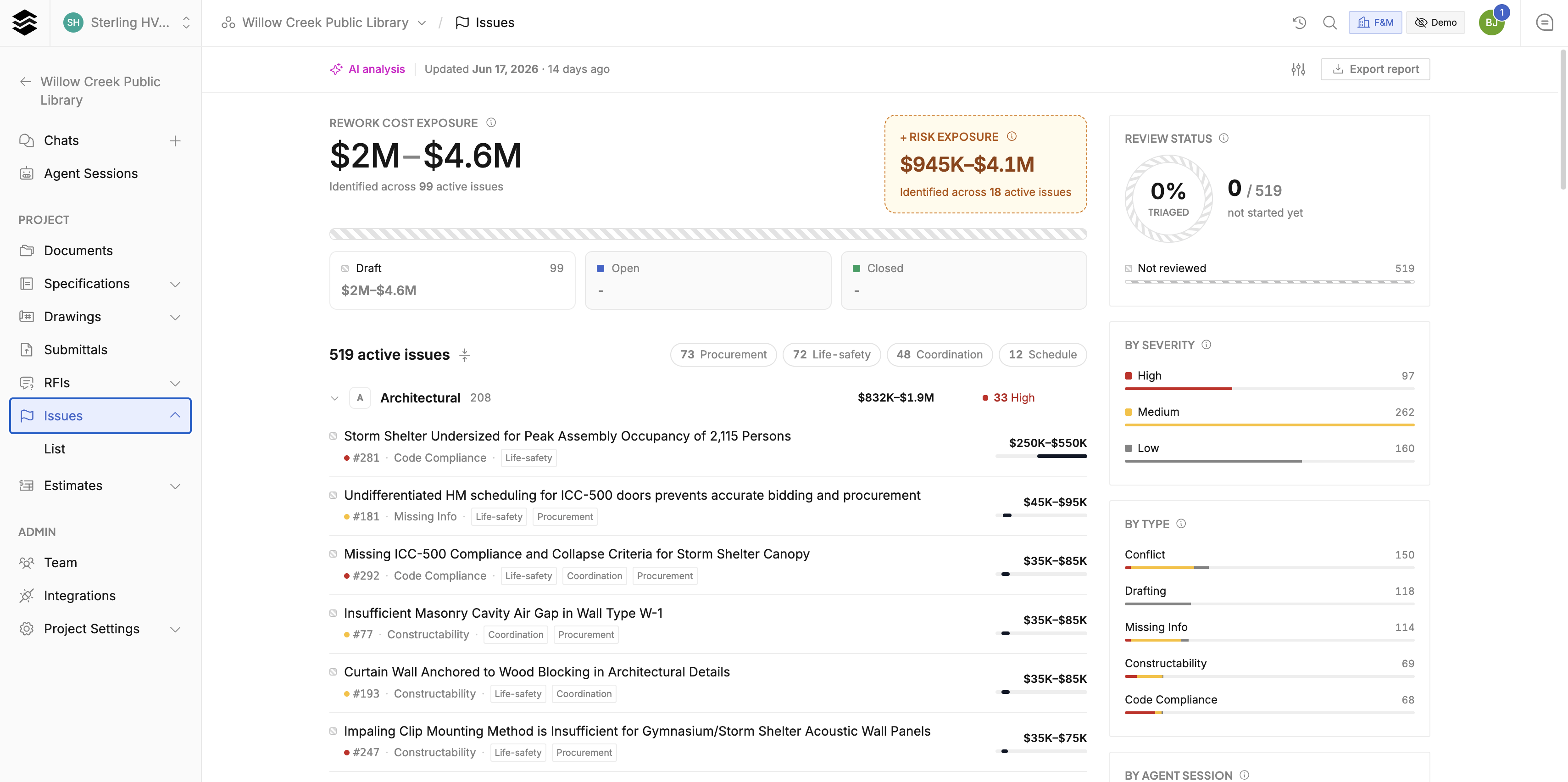 Rework cost exposure dashboard rolling up review issues