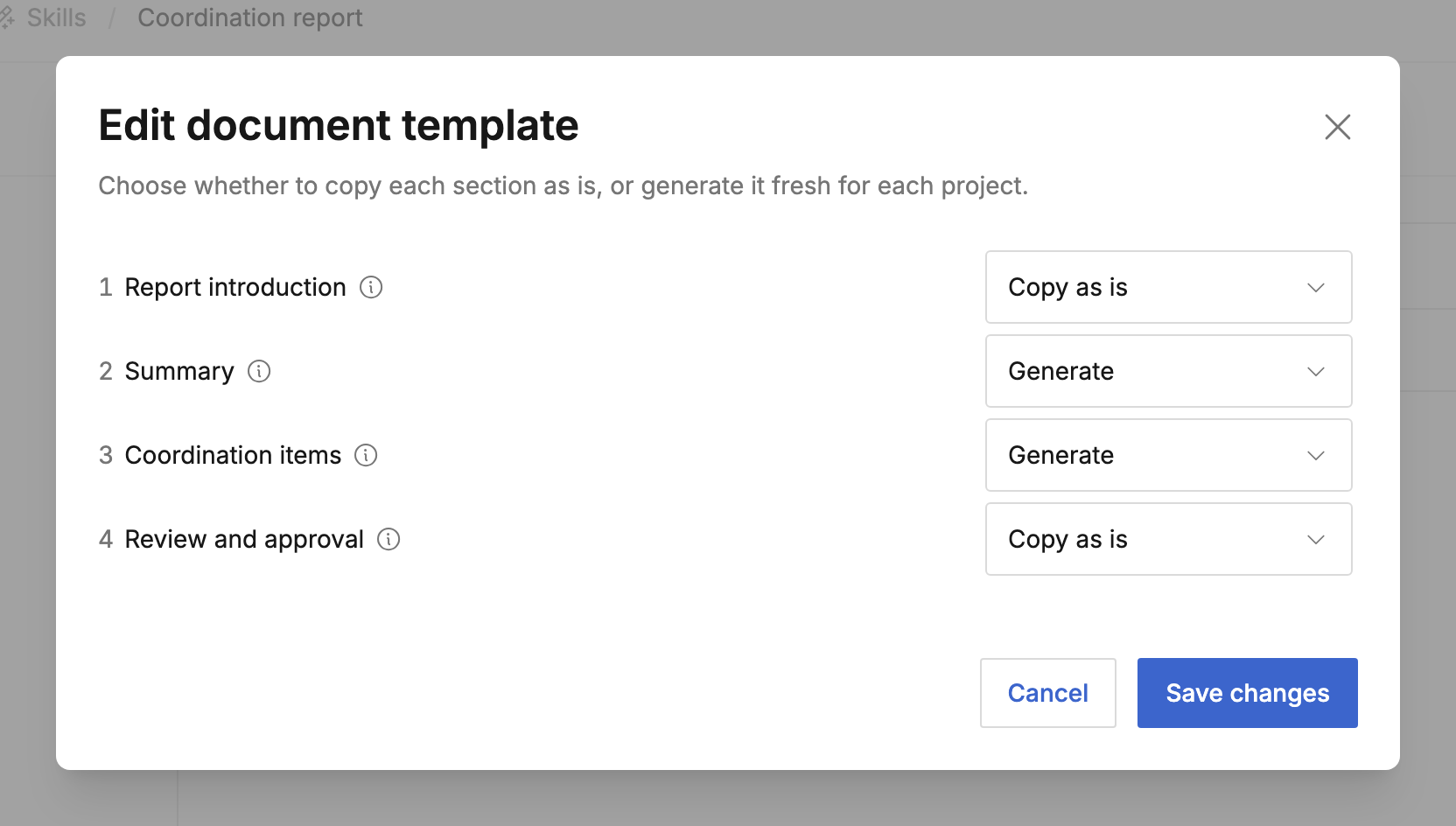 A coordination-report template with boilerplate copied as is and project-specific sections generated
