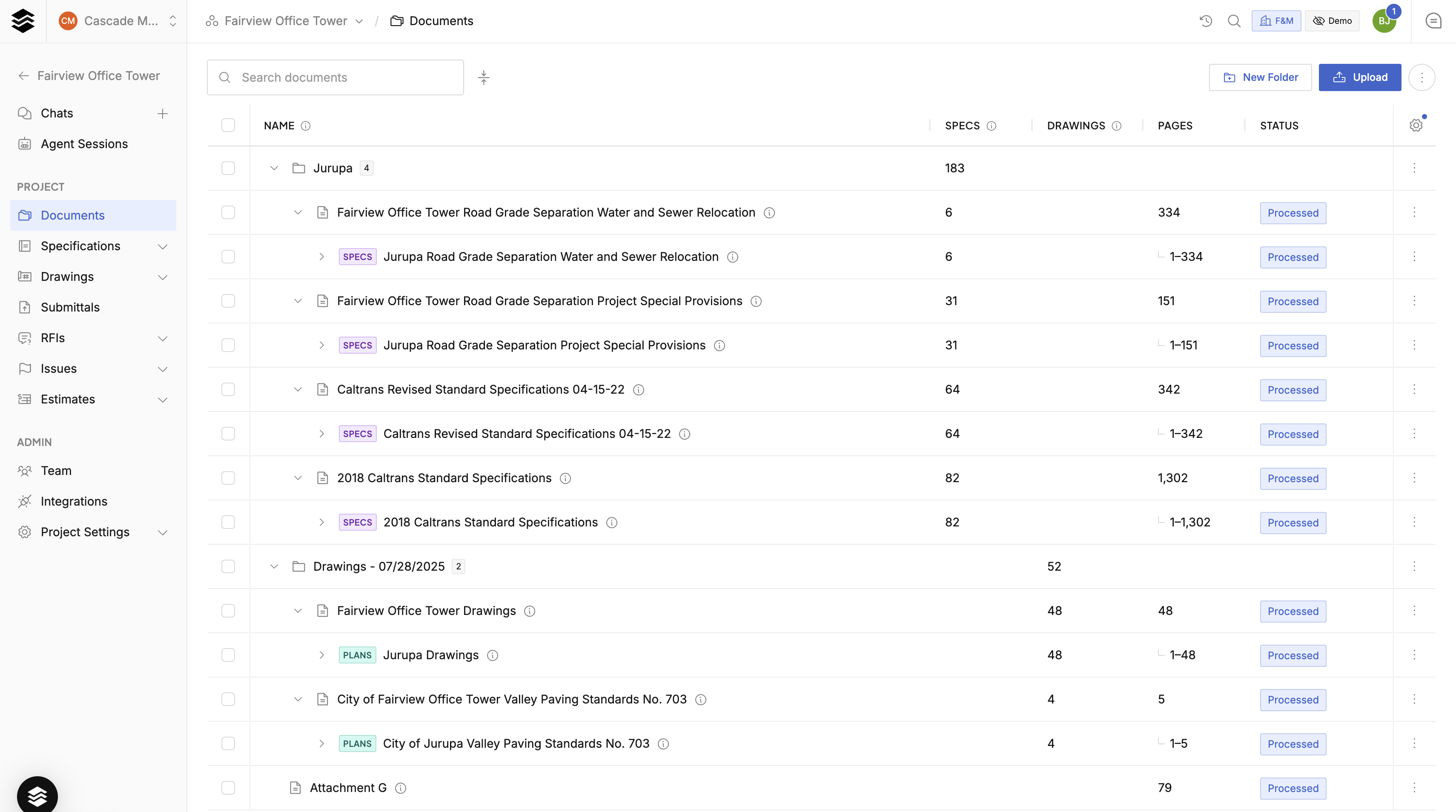 Documents tab with uploaded specs and drawings, all Processed