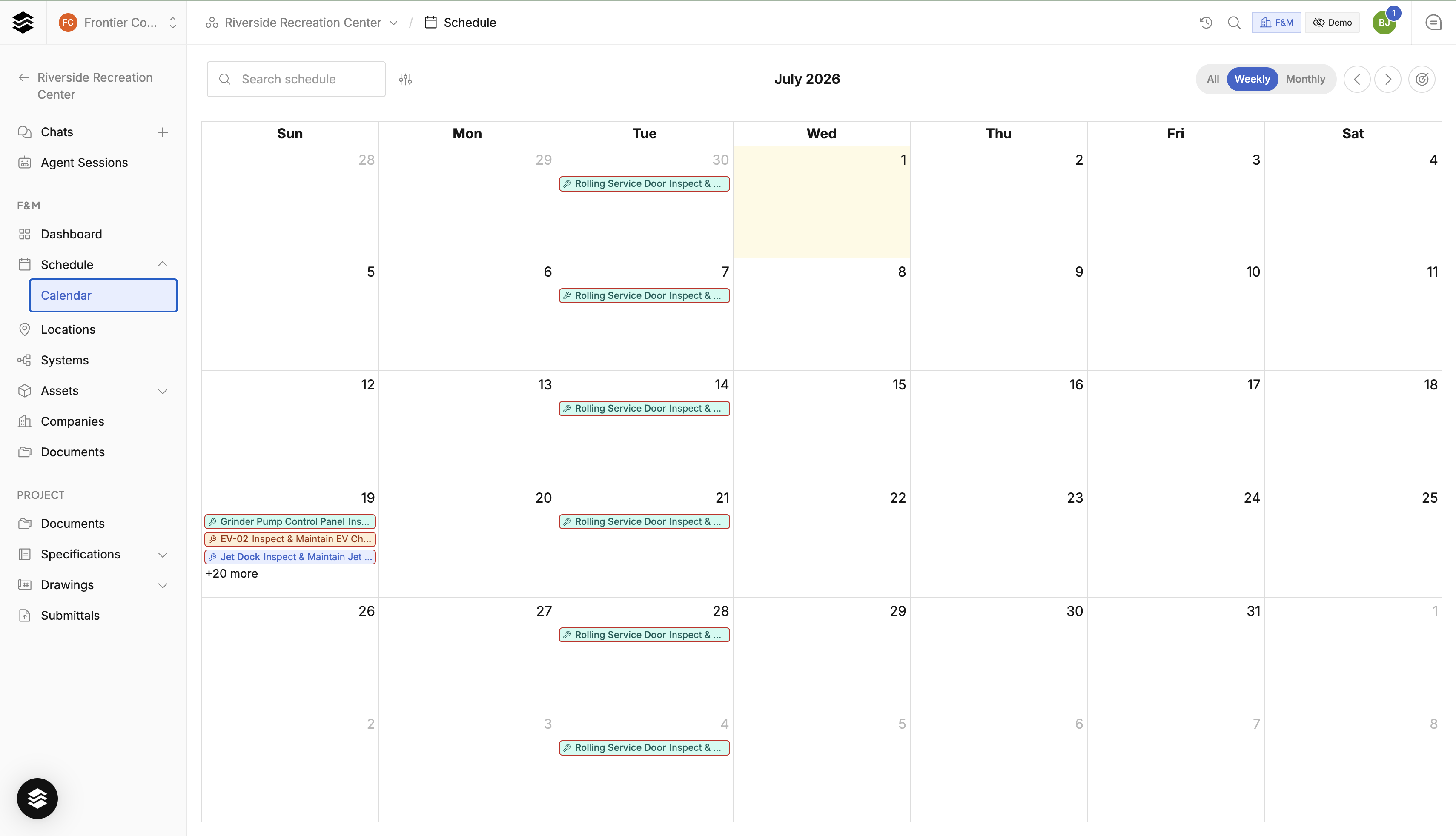 Calendar view of maintenance tasks