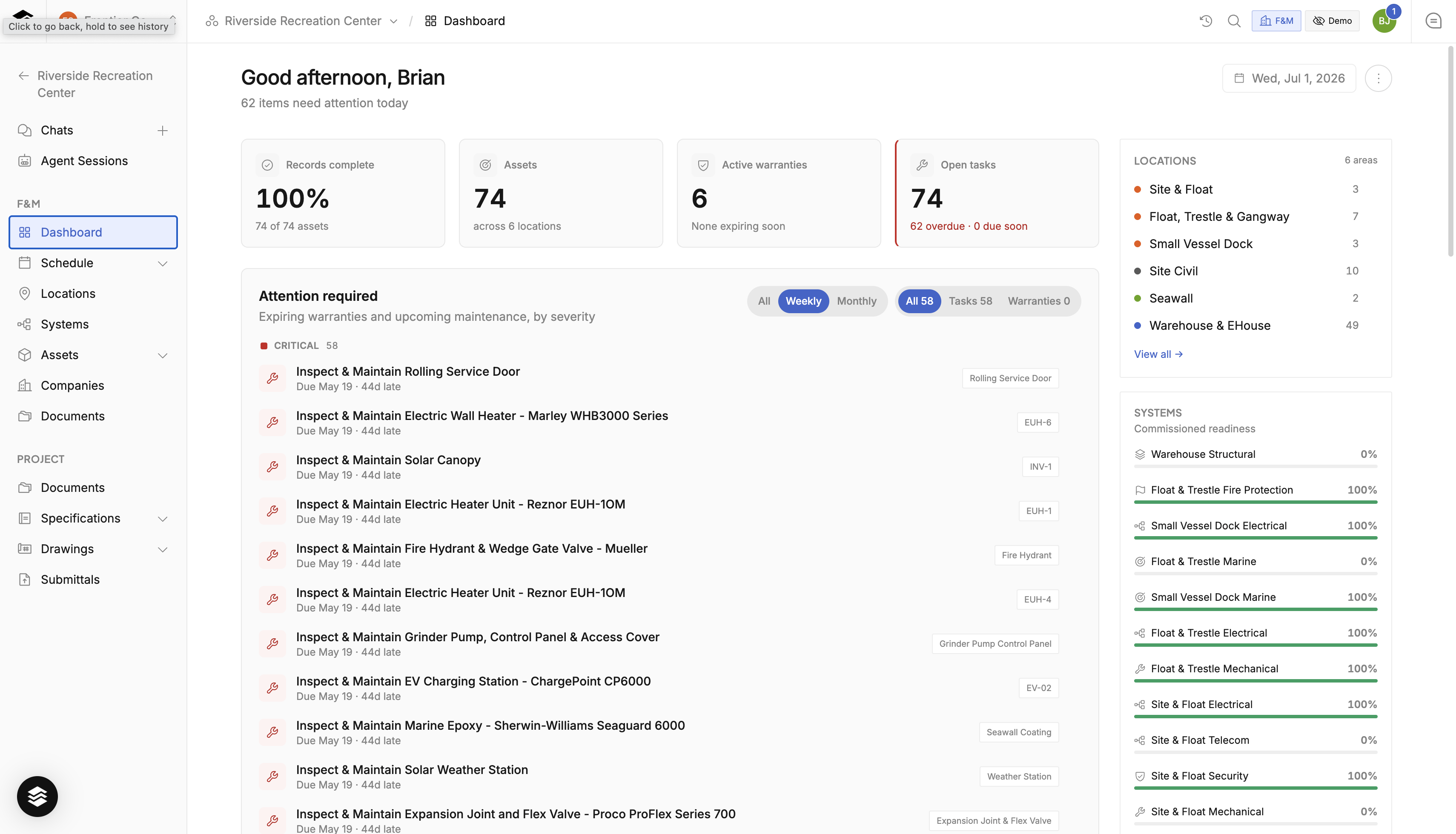 F&M dashboard with records complete, assets, warranties, and open tasks