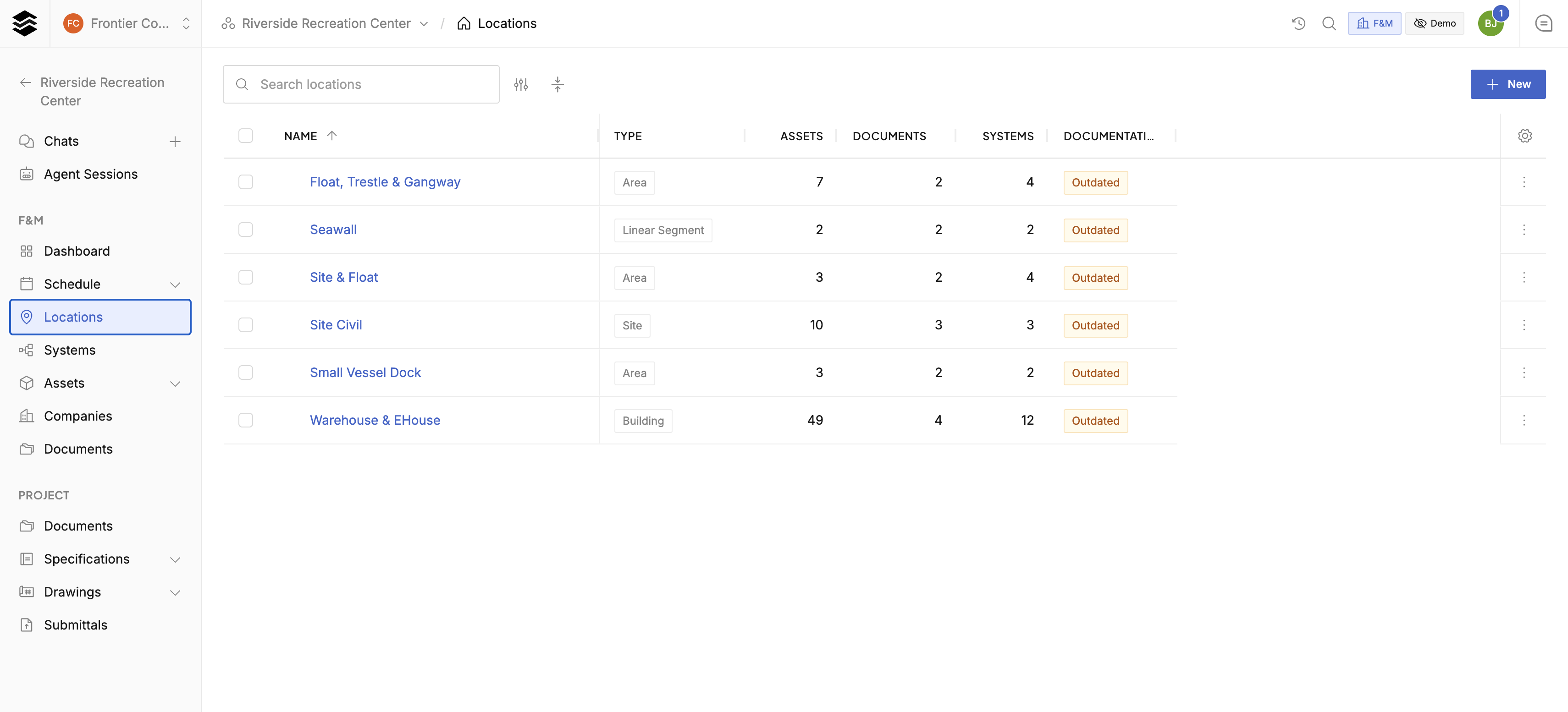 Locations list with types, assets, documents, and systems