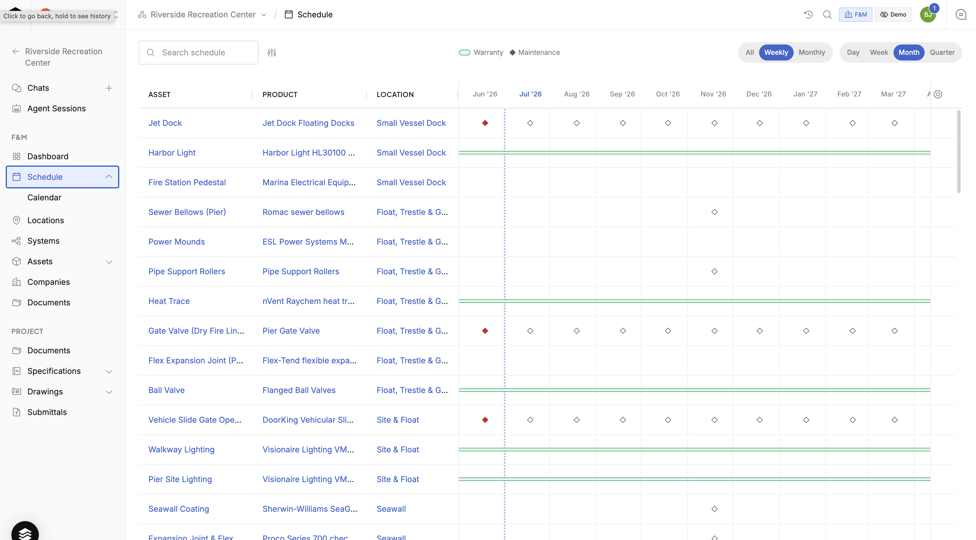 Schedule timeline of warranty and maintenance events per asset