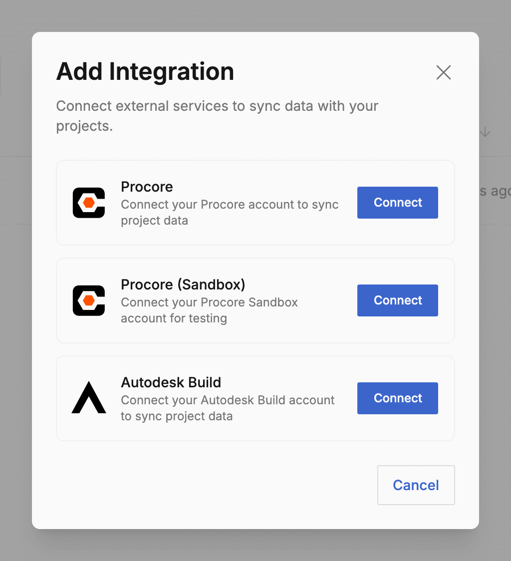 The Add Integration dialog listing Procore, Procore Sandbox, and Autodesk Build with a Connect button for each