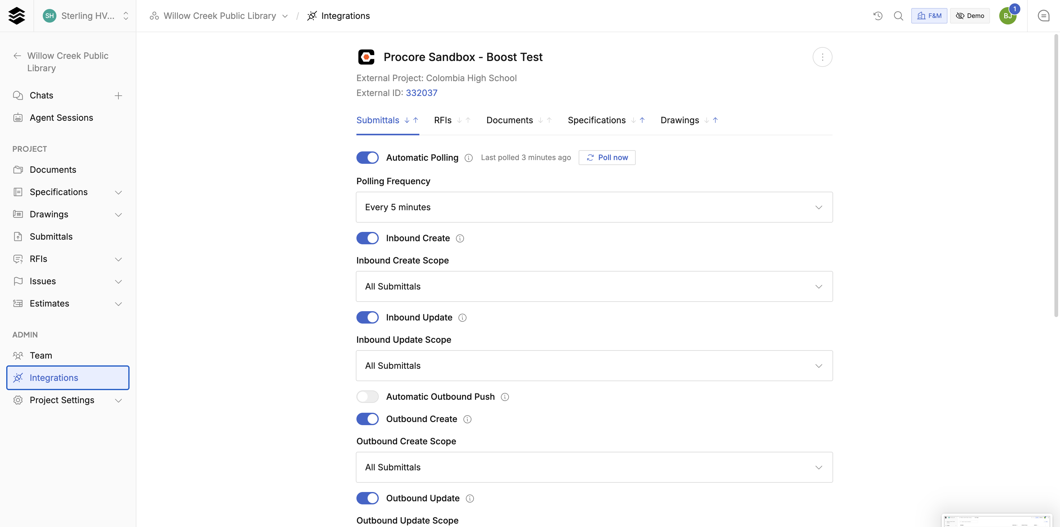 Procore integration settings with polling and sync scopes