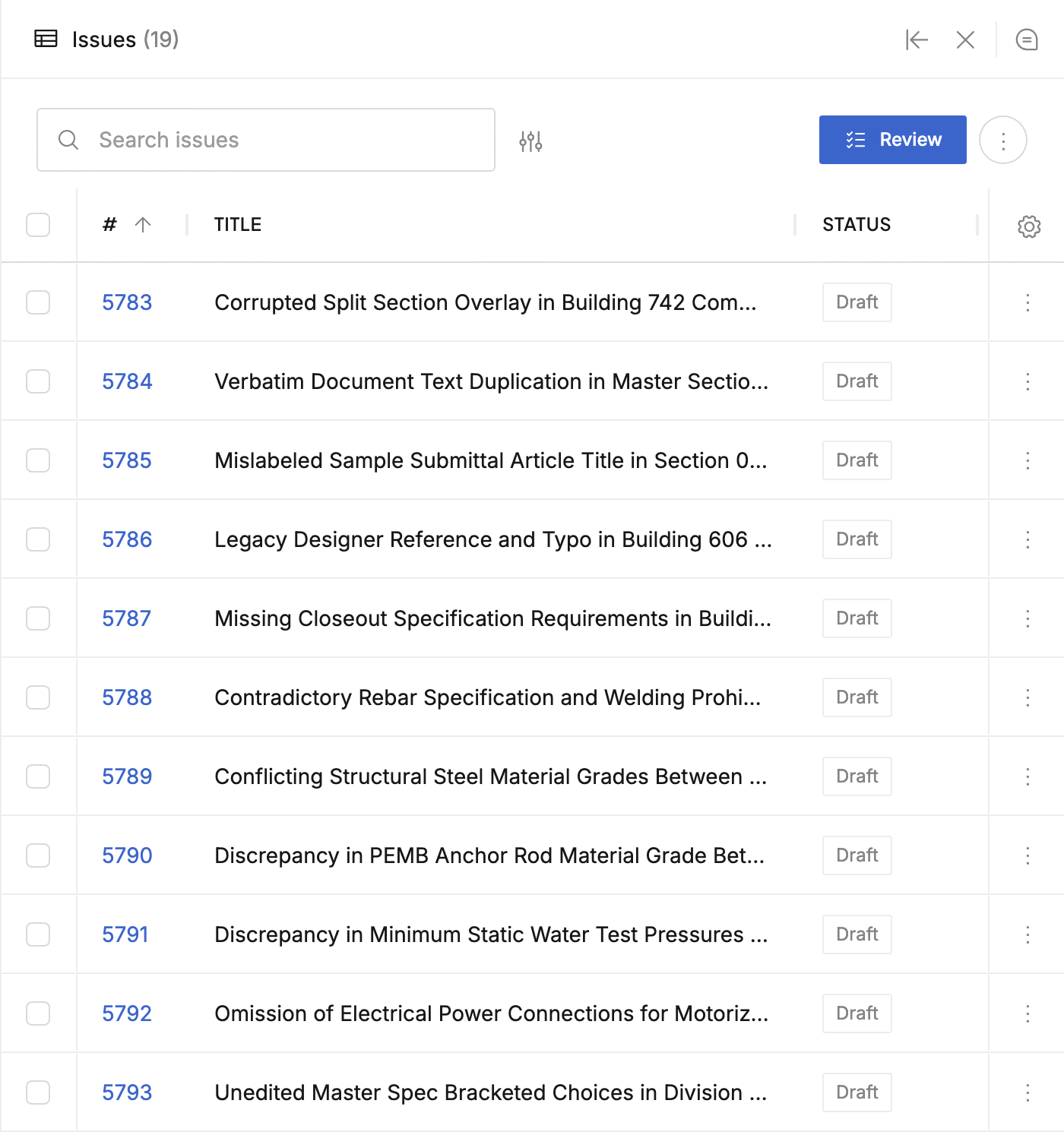 An issues output opened in a side panel, listing drafted issues with numbers, titles, and statuses