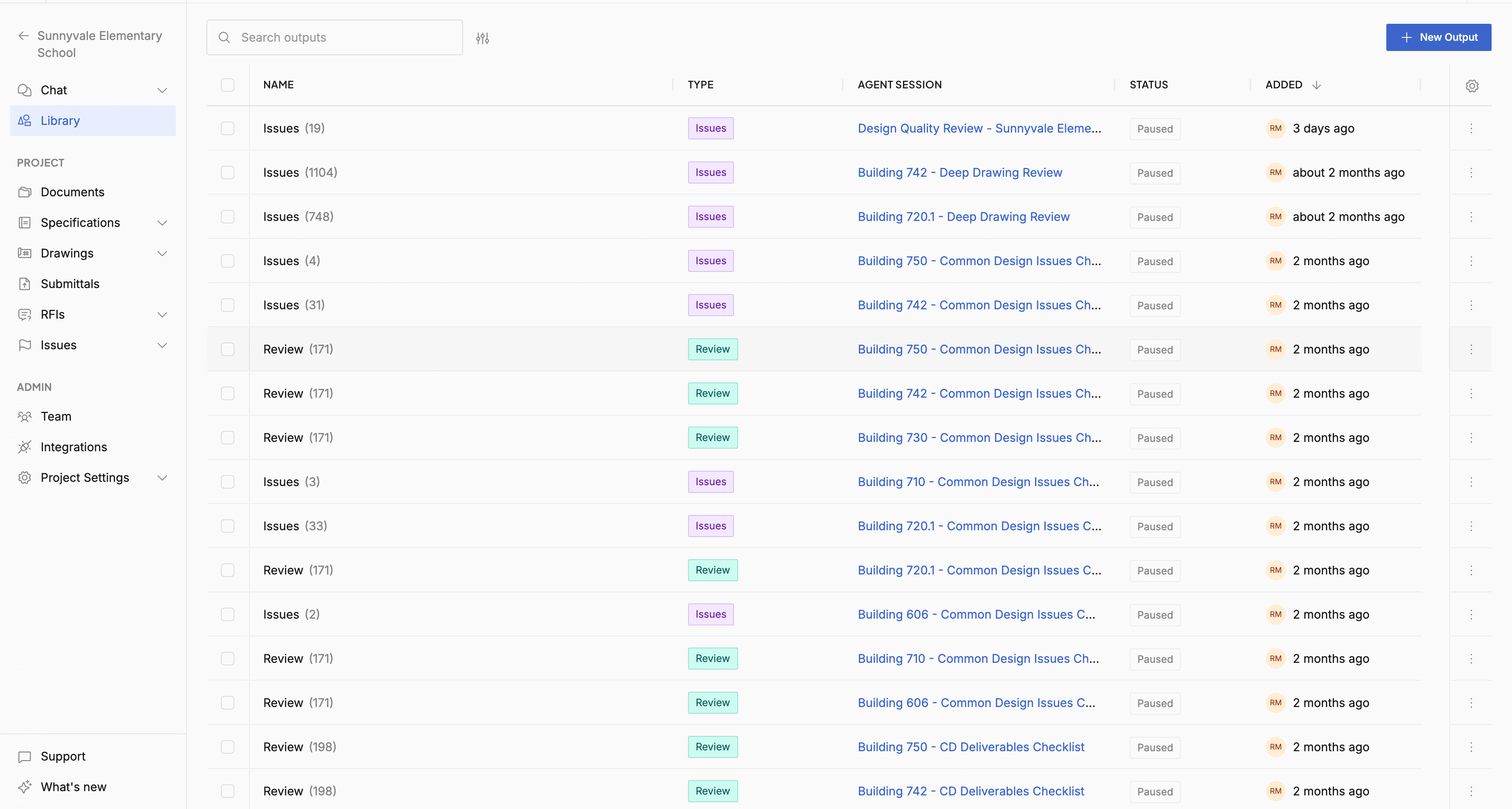 The Library listing agent outputs with name, type, the session that produced each one, status, and when it was added
