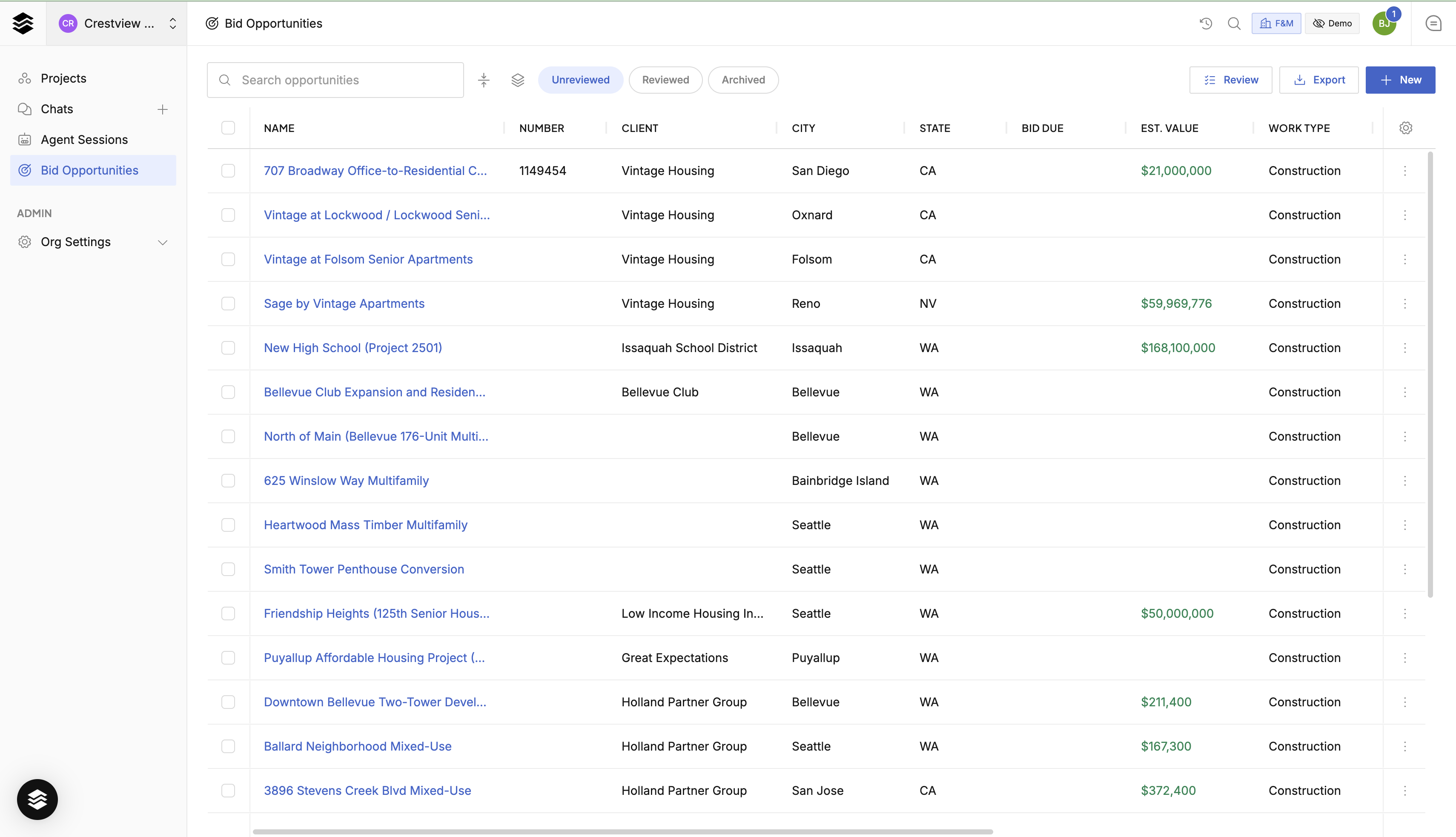 Bid Opportunities list with client, location, bid due, and estimated value