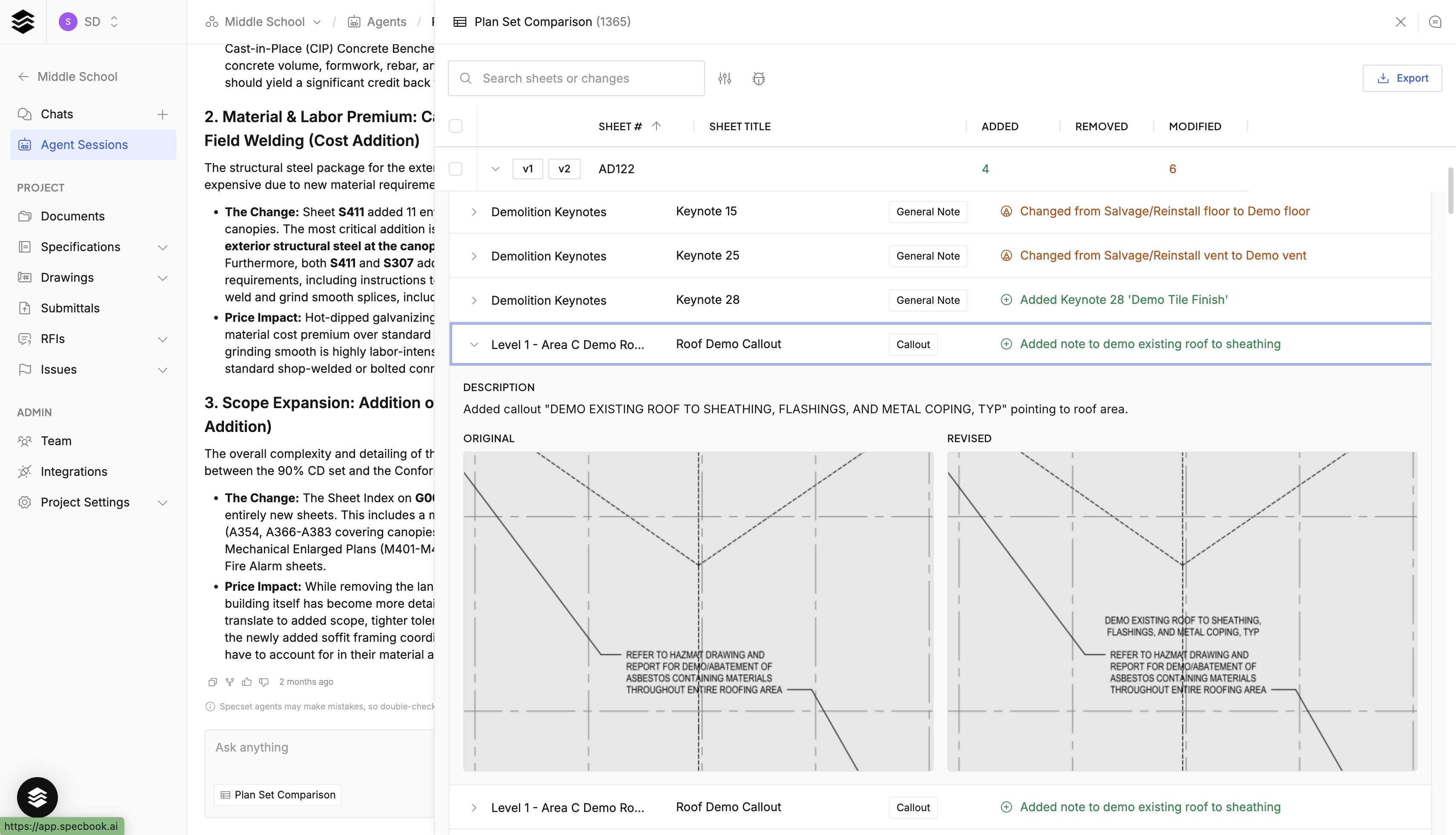 Plan set comparison: original vs revised sheet with change descriptions