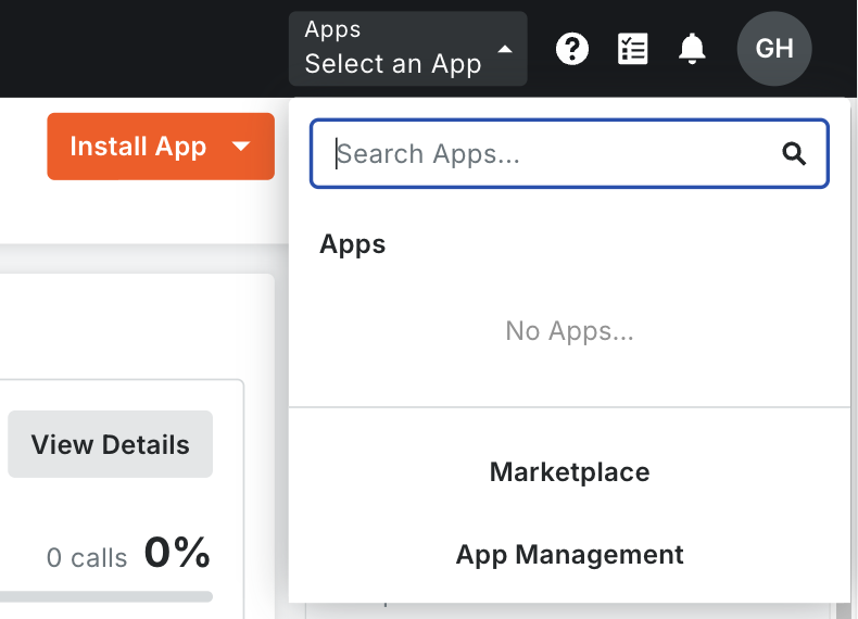 The Apps menu open in the Procore header at the company level, with App Management at the bottom of the list