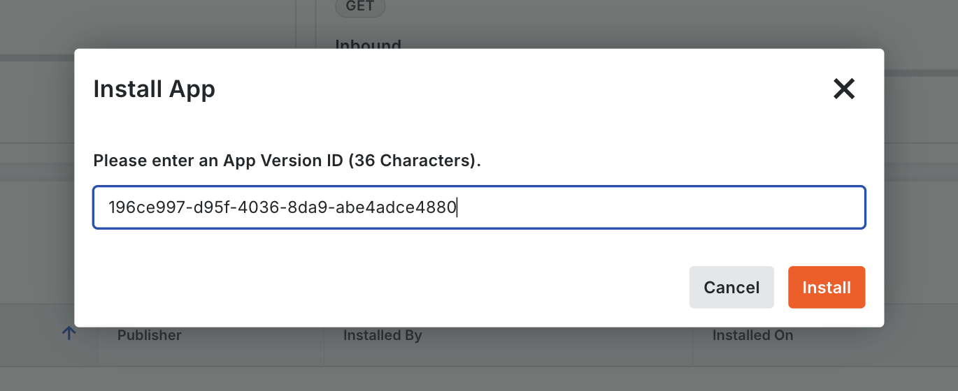 The Procore Install App dialog with the Specset App Version ID entered and the Install button
