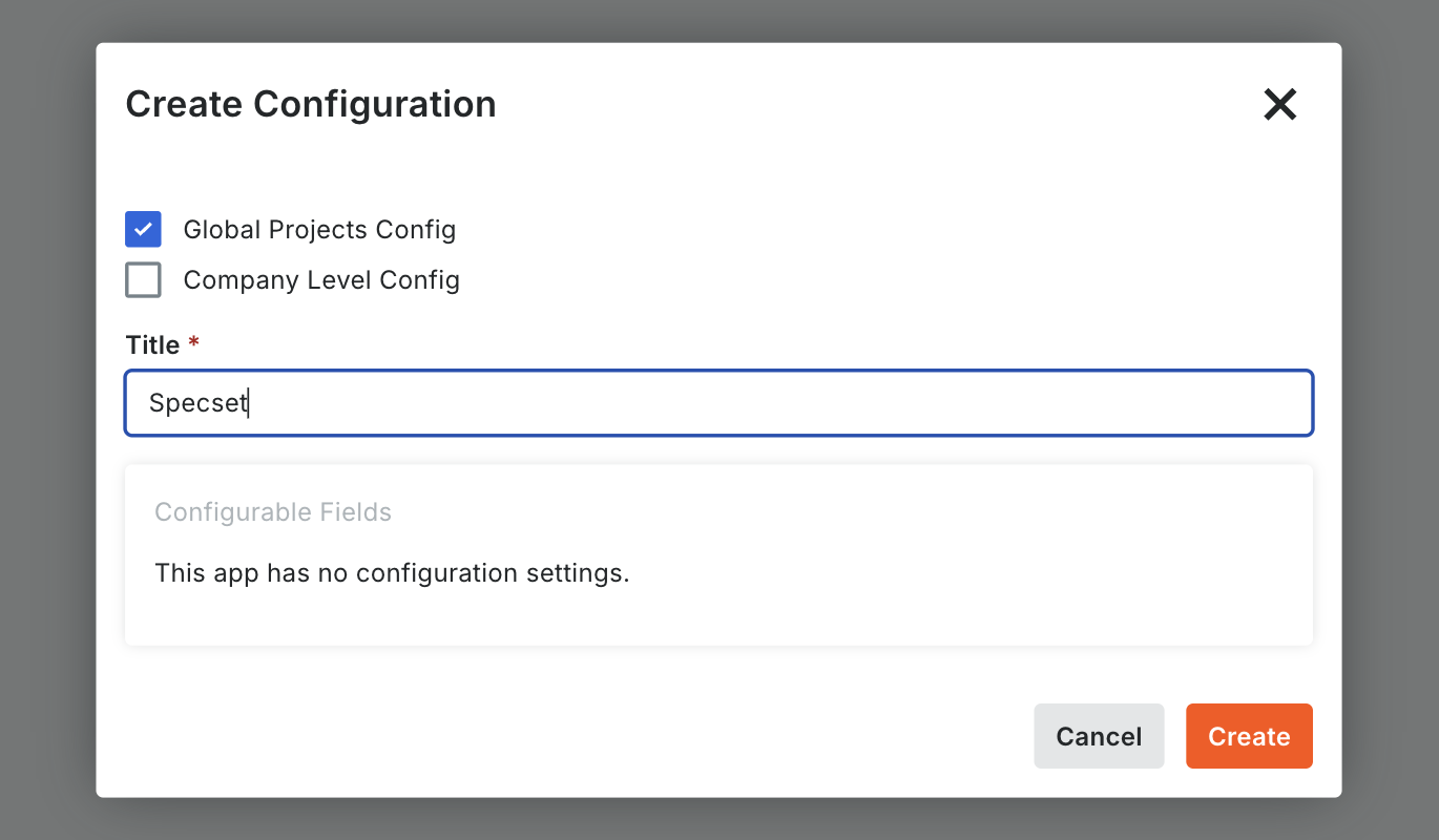 The Create Configuration dialog in Procore with Global Projects Config ticked and Specset entered as the title