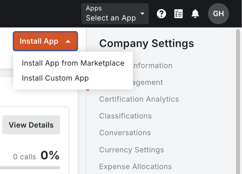 The Install App button on the App Management page, open to show Install App from Marketplace and Install Custom App