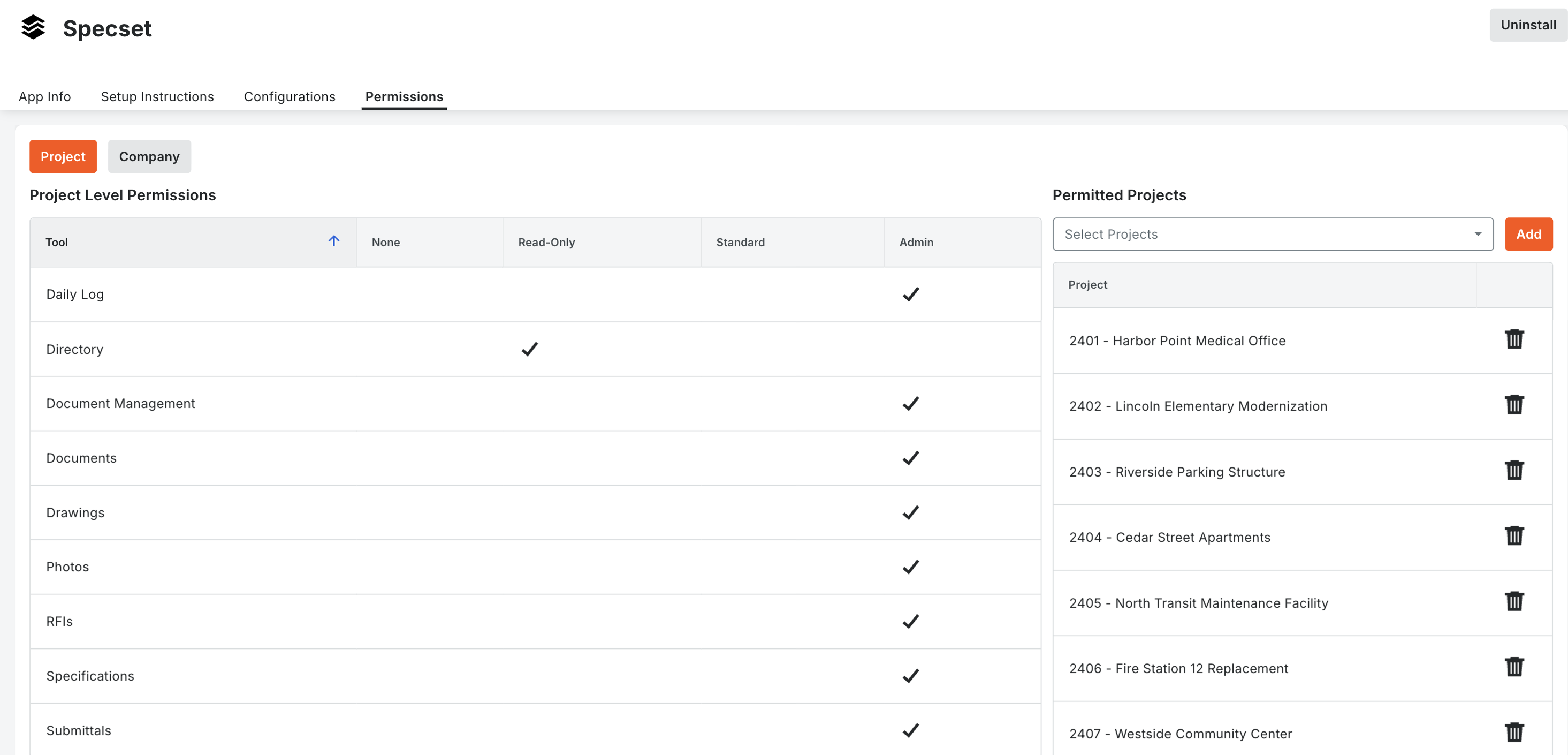 The Permissions tab of the Specset app in Procore, with the Project Level Permissions table on the left and the Permitted Projects selector and list on the right