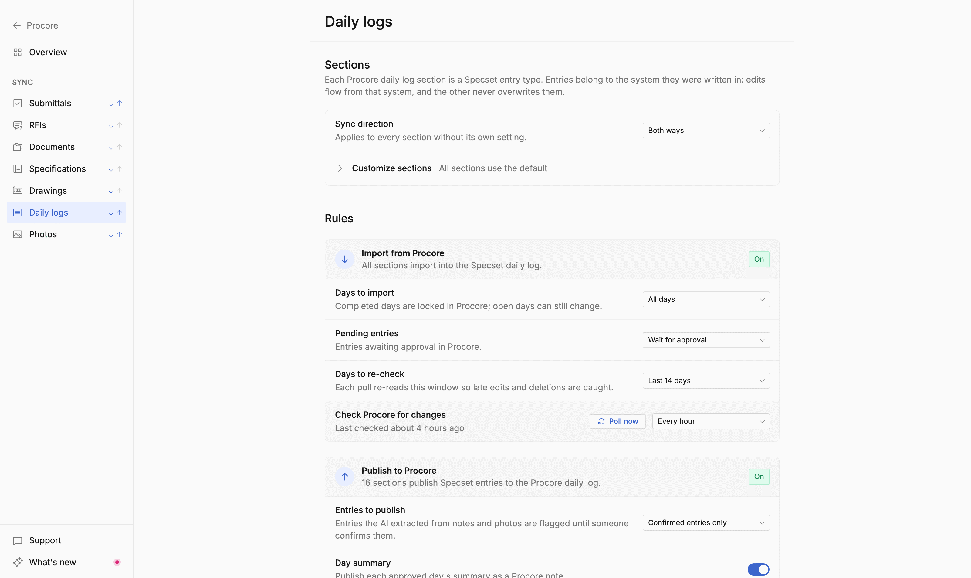 Procore daily log settings with the sync direction, the import rules card, and the publish rules card