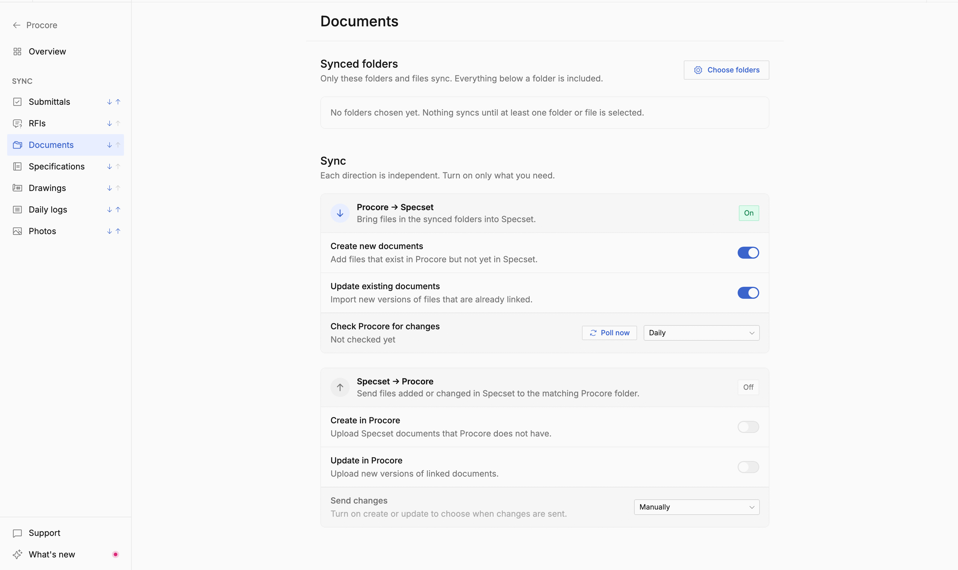 Procore document settings with the synced folders list and import and publish cards