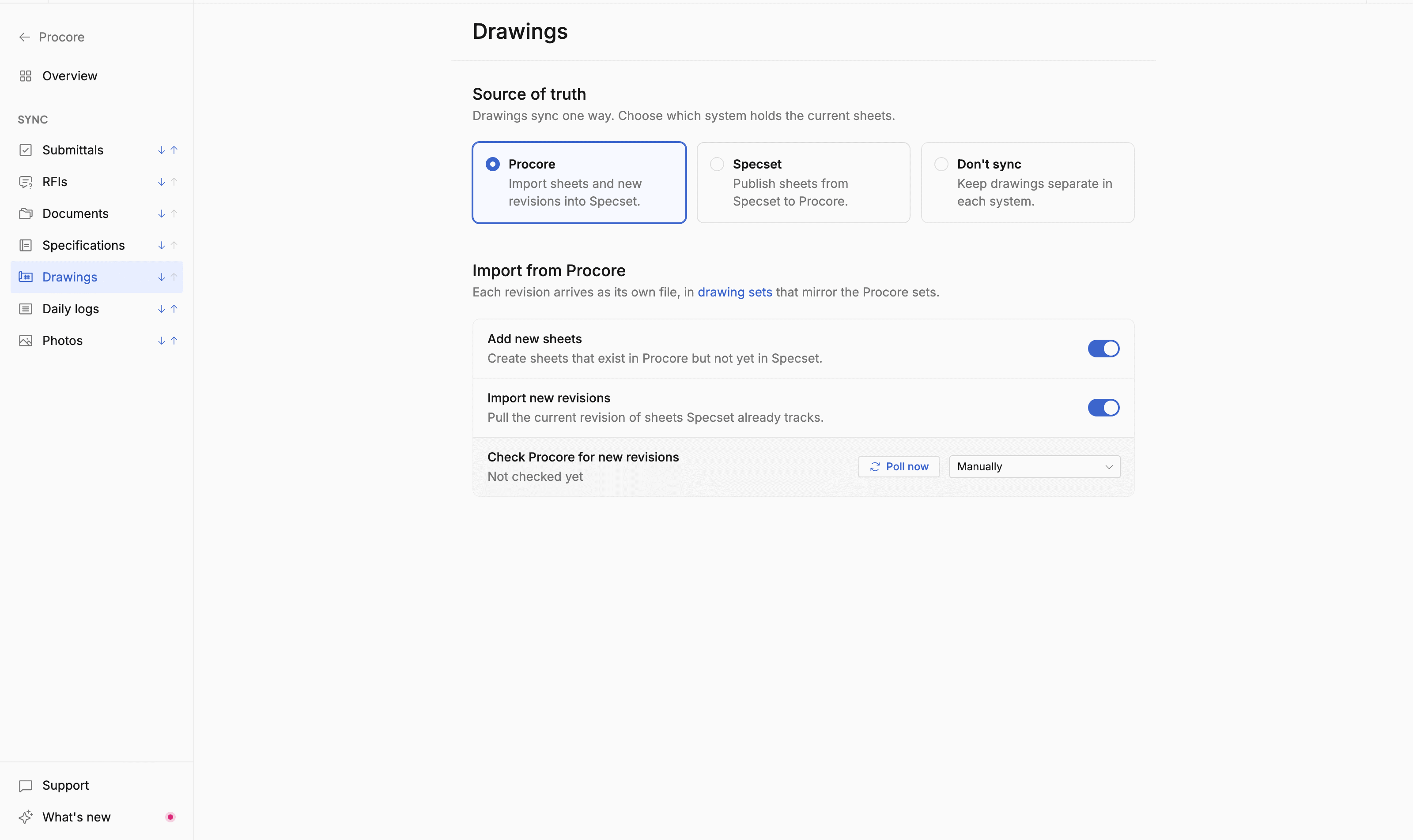 Procore drawing settings with the source of truth choice and the import card
