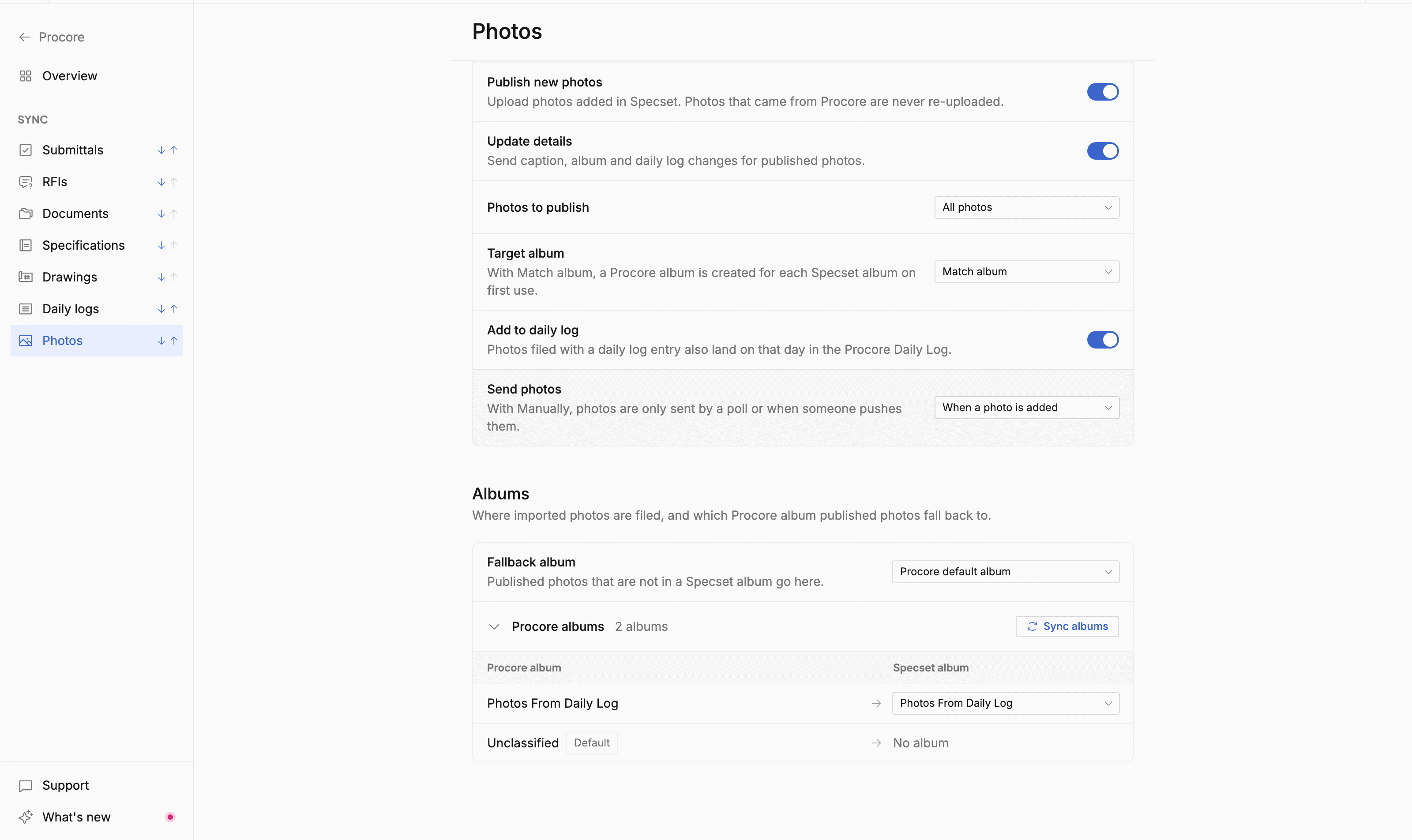 The Albums section with the fallback album select and the Procore album to Specset album mapping table