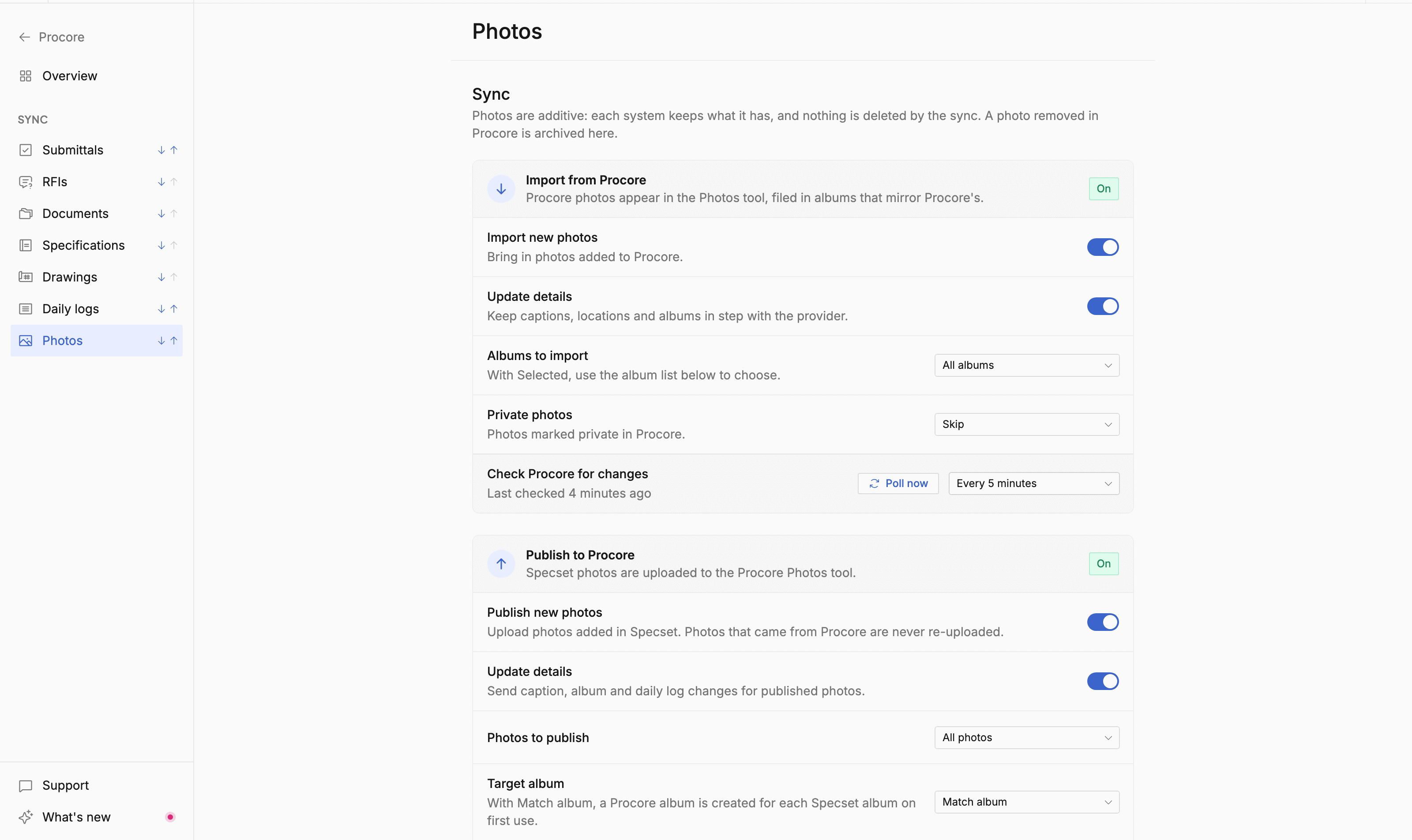 Procore photo settings with the import and publish cards