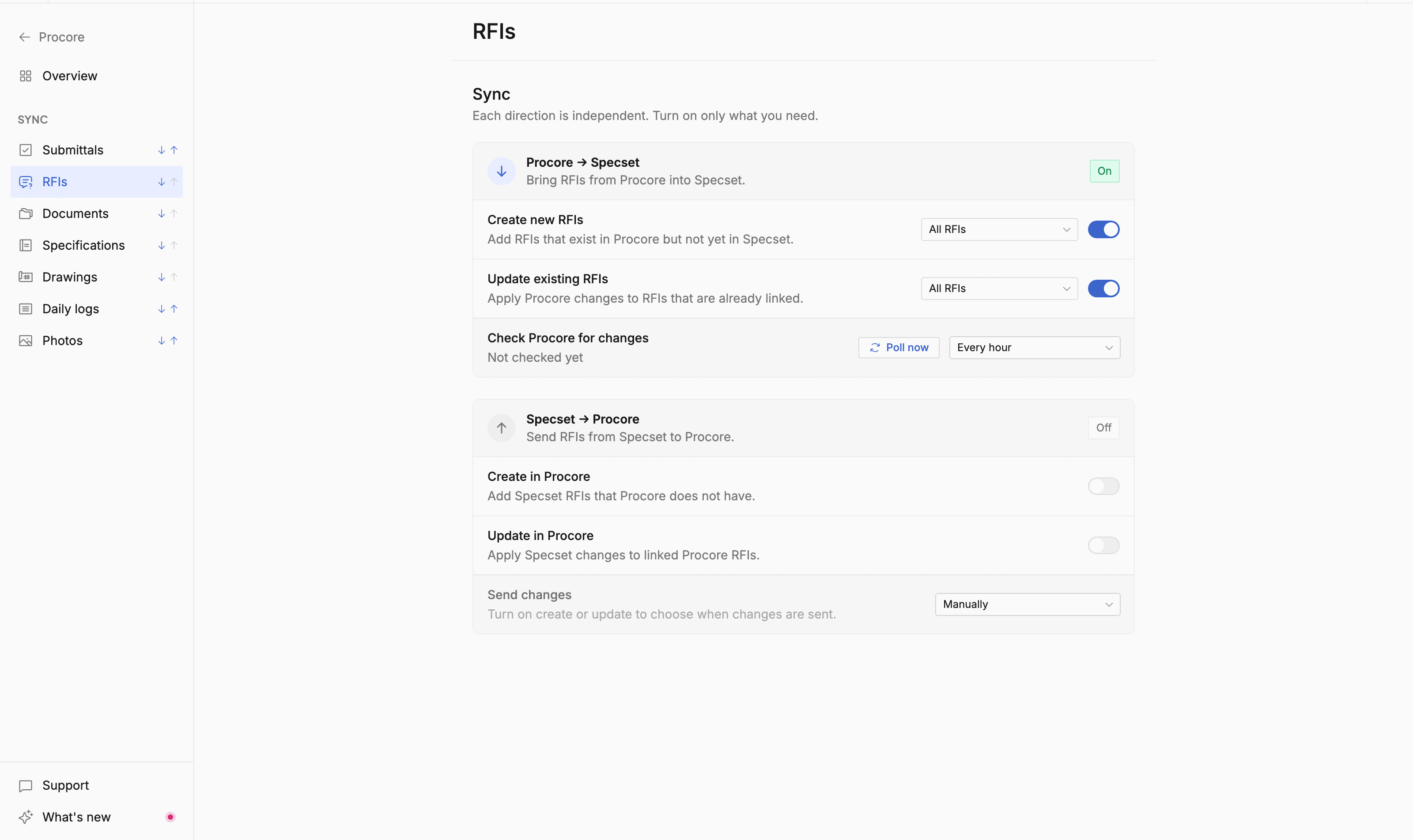 Procore RFI settings with import and publish cards