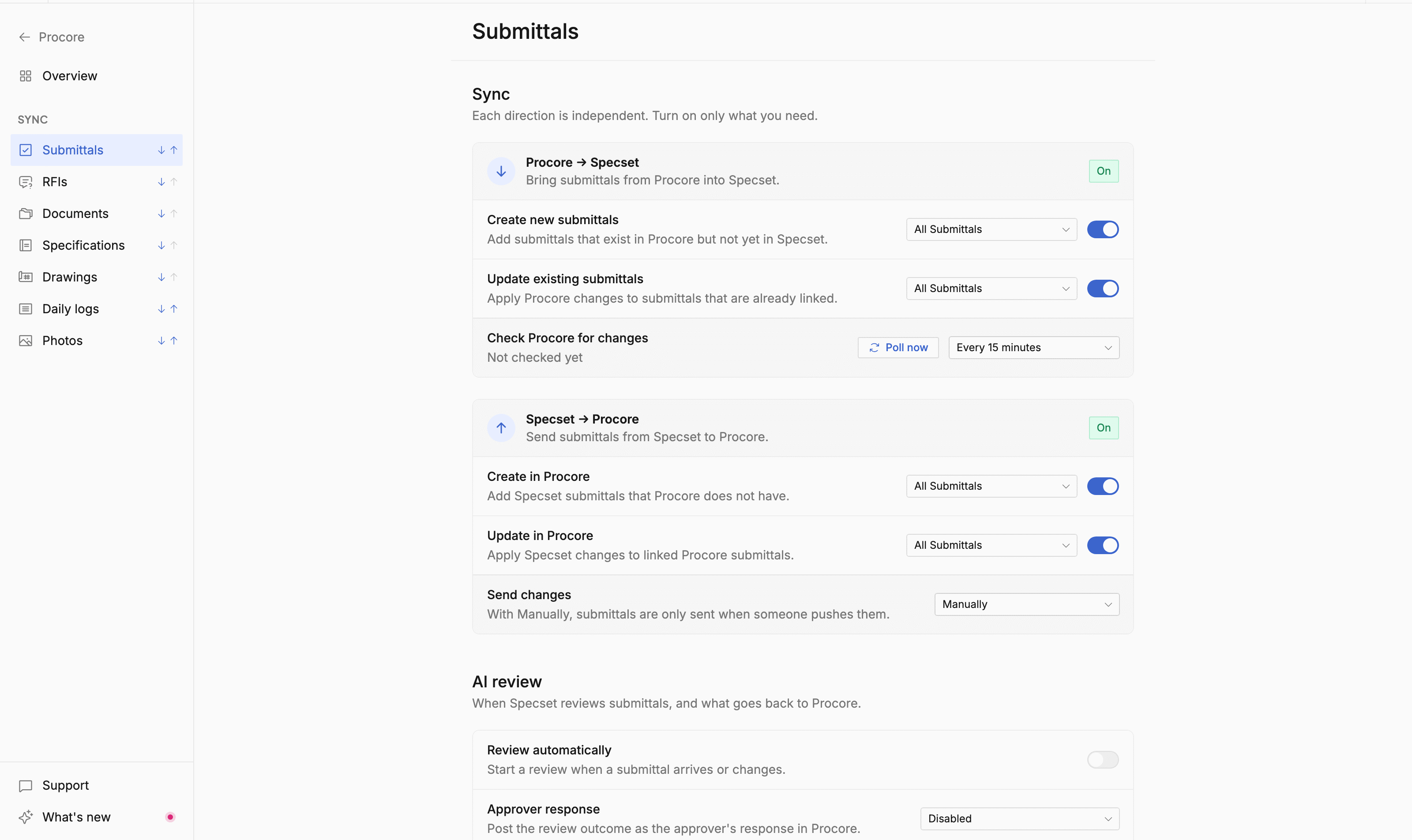 Procore submittal settings with the Procore to Specset and Specset to Procore cards, AI review options, and the mappings section