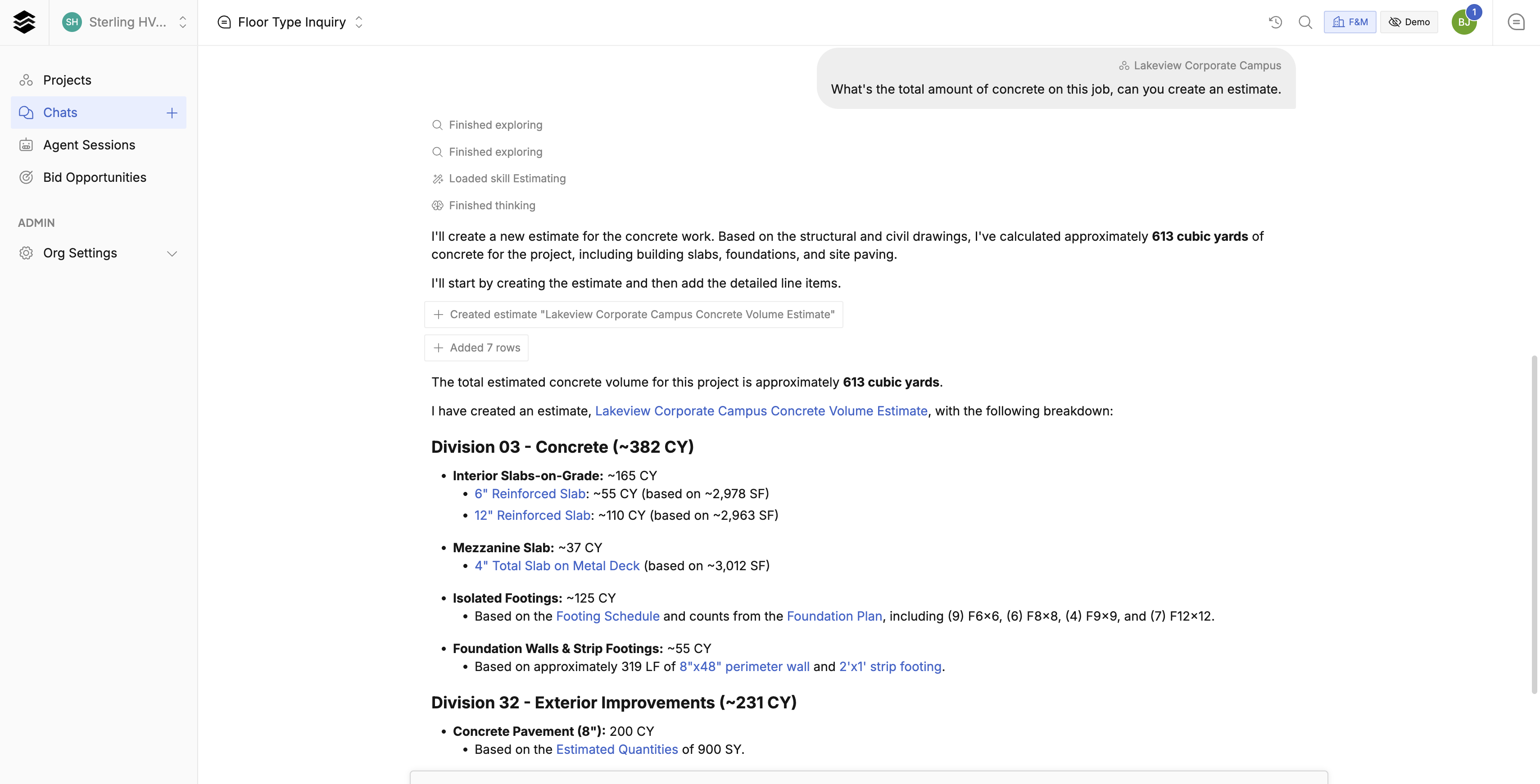 Q&A chat answering a concrete quantity question and creating an estimate