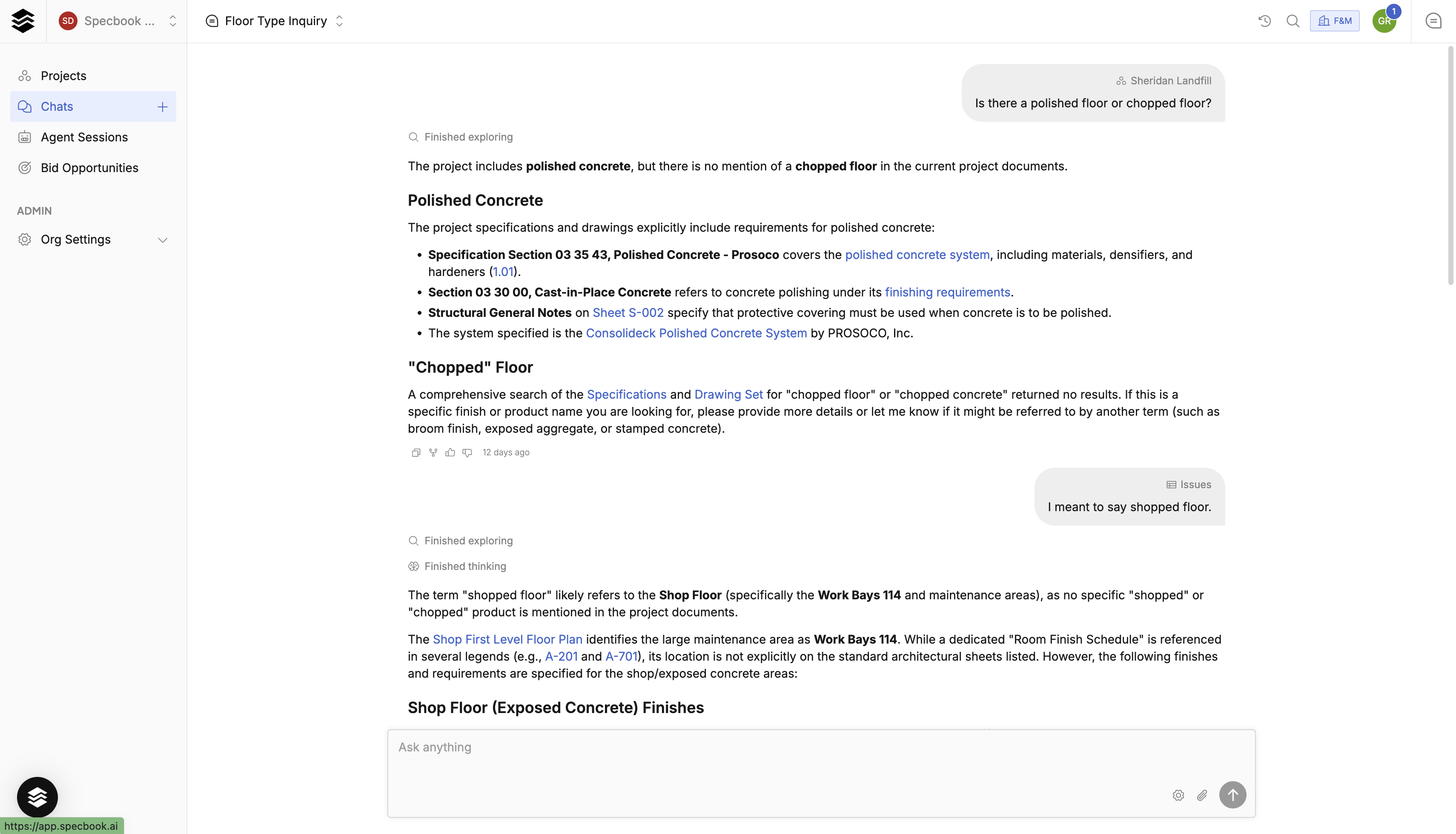 Q&A chat answering a floor finish question with source-cited references