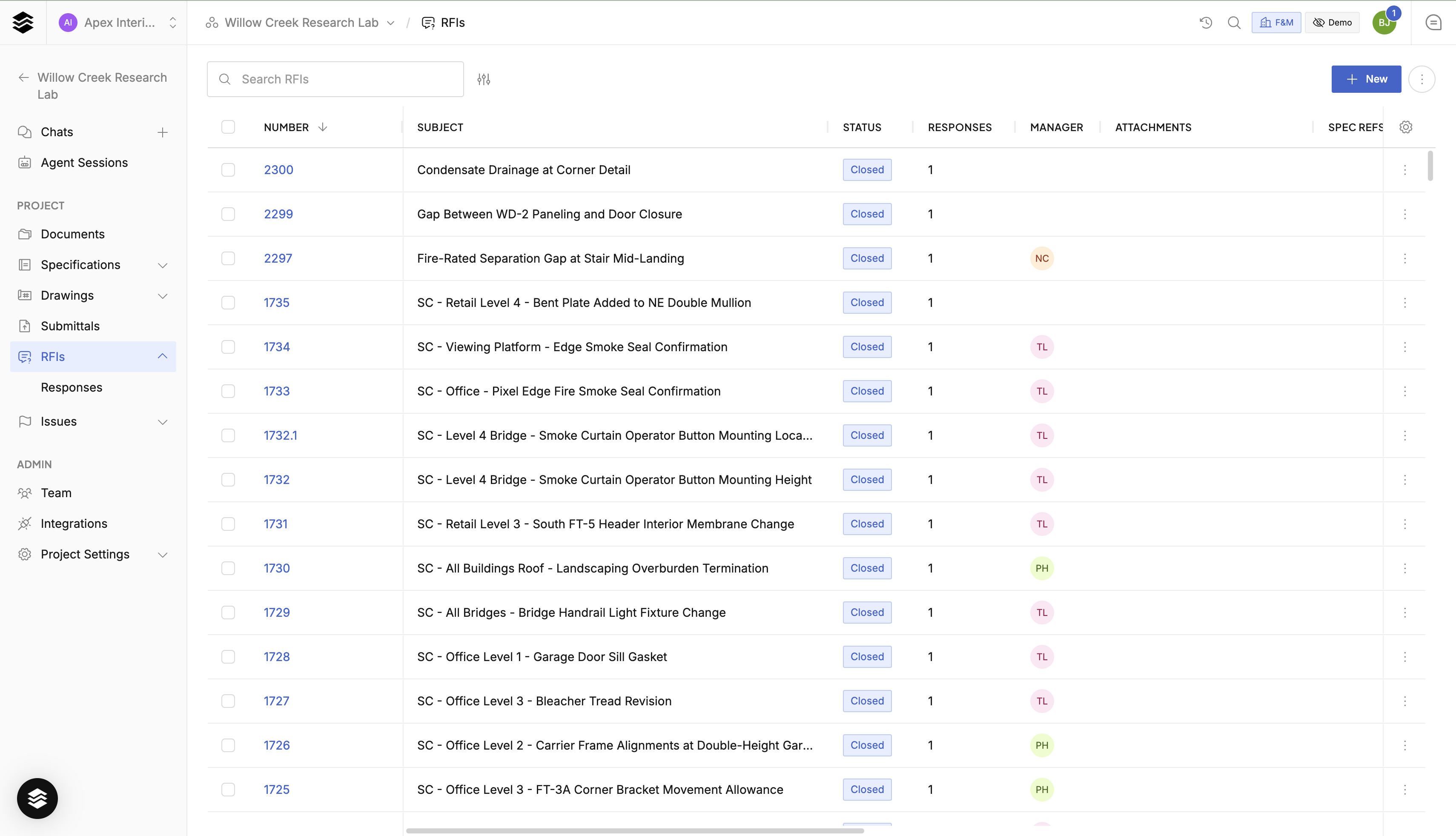 RFIs tab tracking numbers, subjects, status, and responses