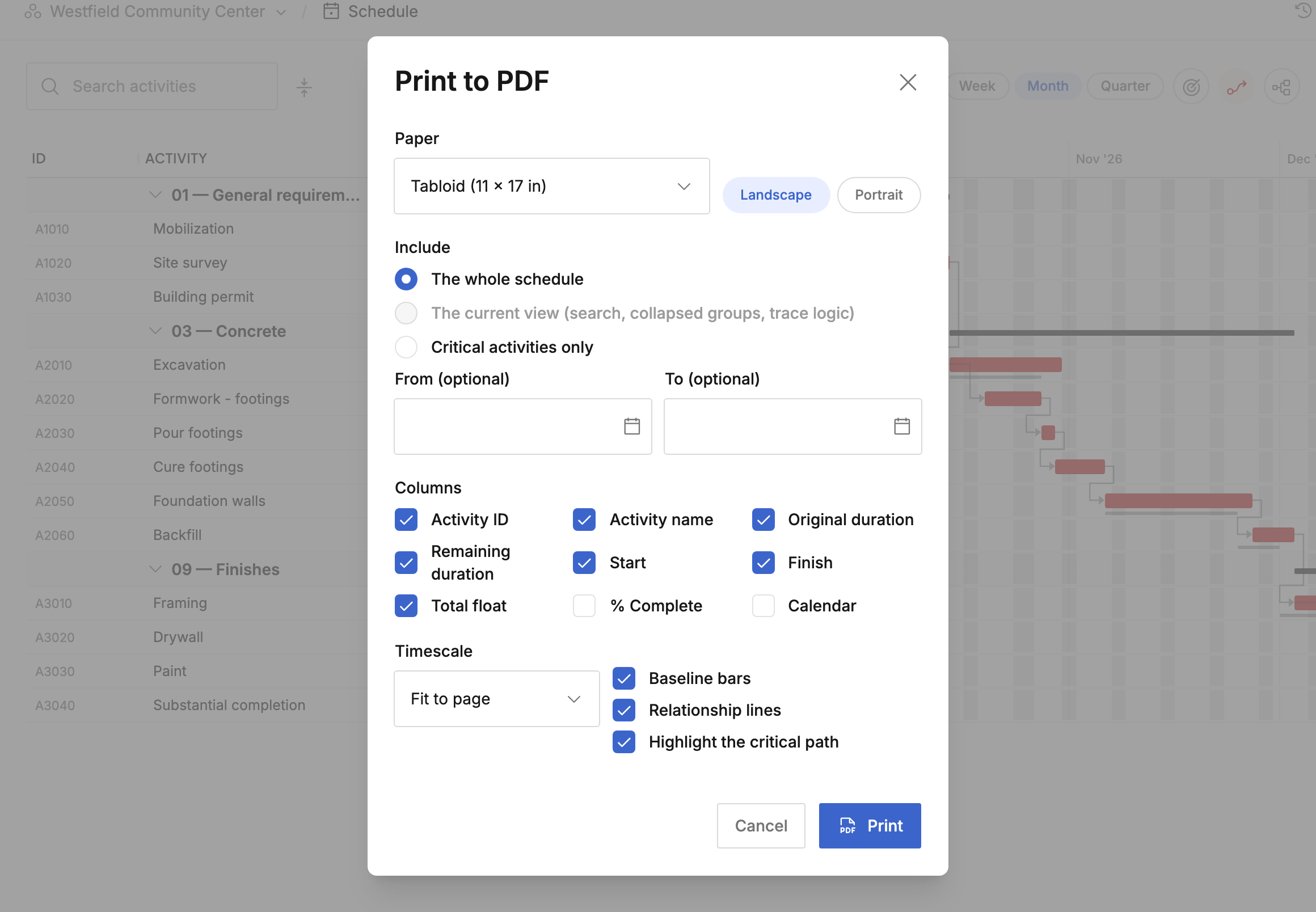 Print to PDF dialog with paper, include, date range, column, and timescale options