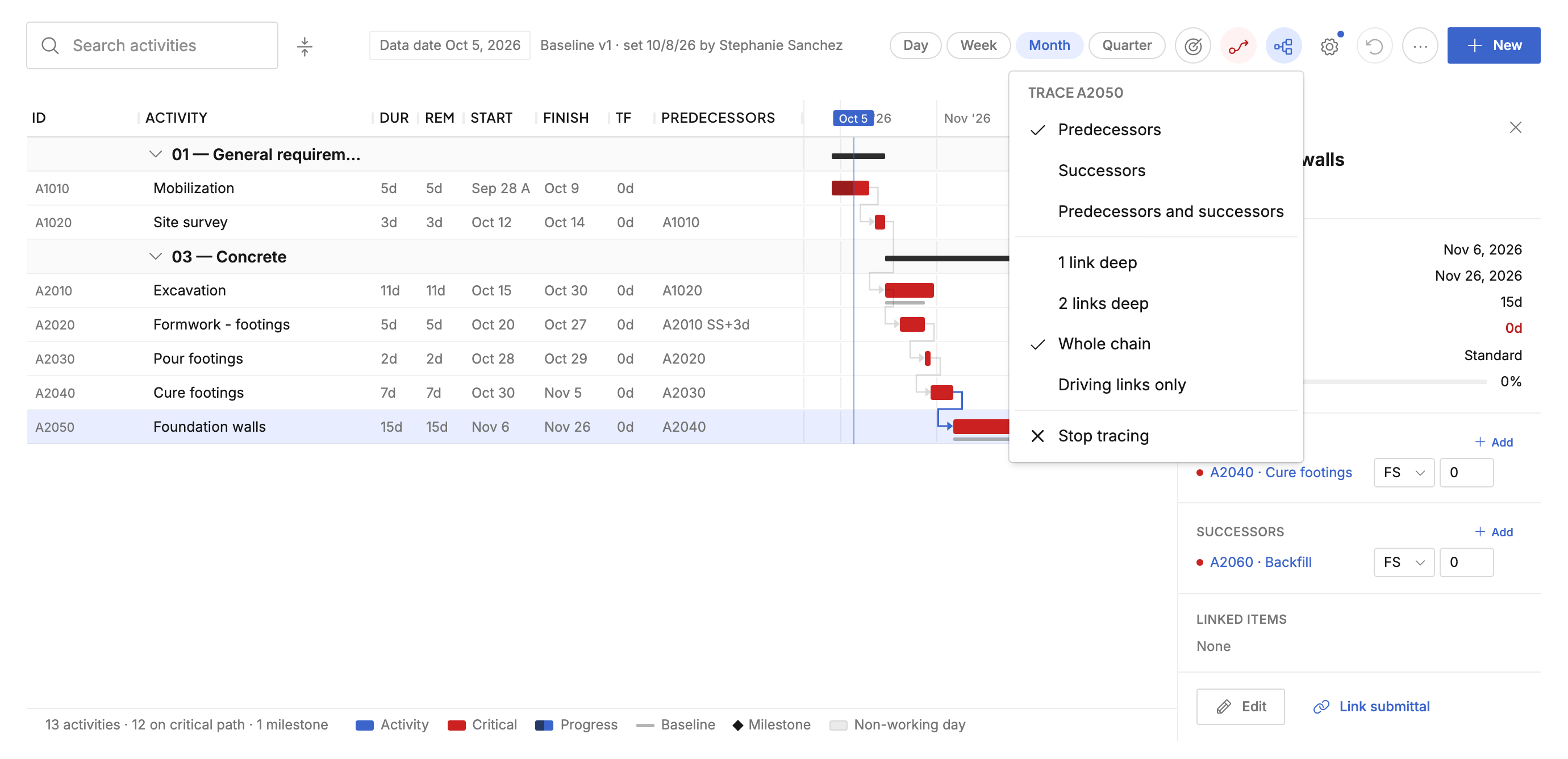 Trace logic menu over a Gantt narrowed to one activity's chain of predecessors, with the activity's side panel open