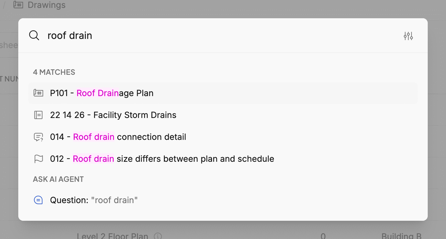 Quick search results for roof drainage across drawings, specifications, an RFI, and an issue