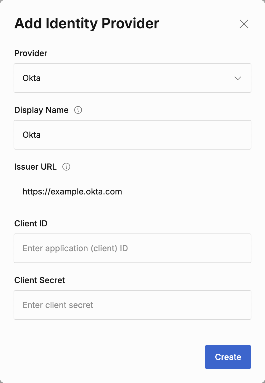 Add Identity Provider dialog with Okta selected and fields for the issuer URL and client credentials