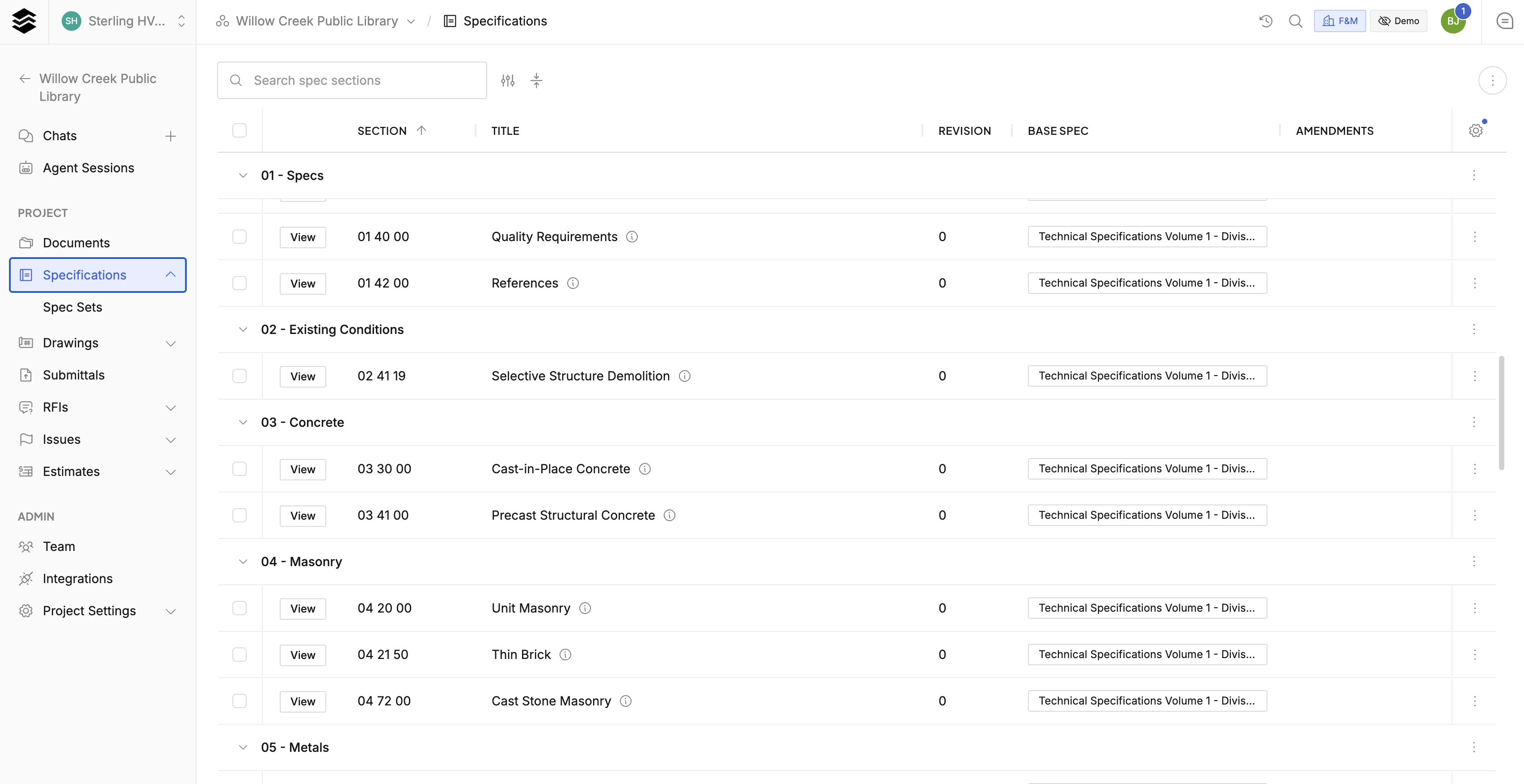 Specifications parsed into sections, grouped by division